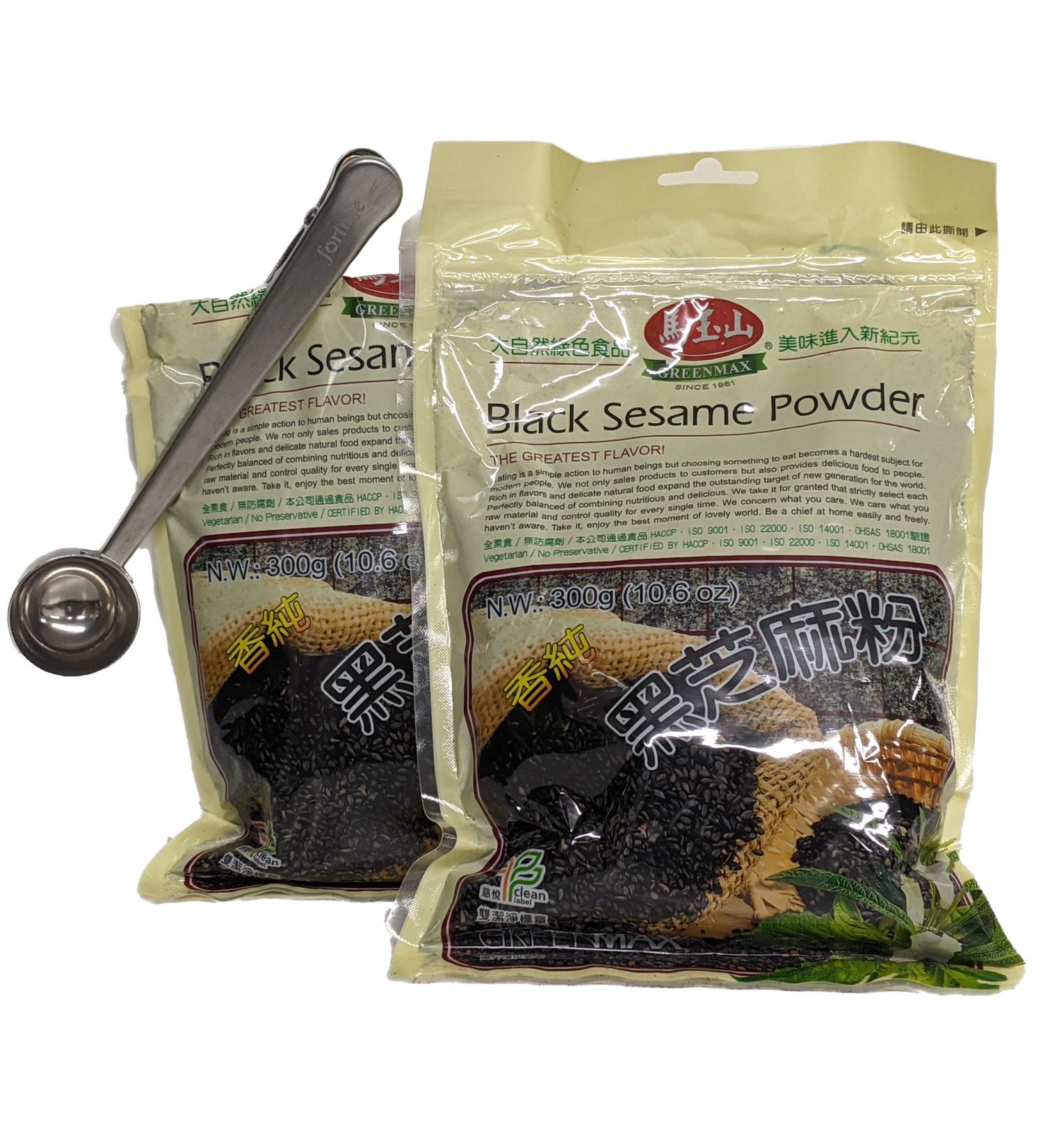 Greenmax Black Sesame Powder 10.6 oz (Pack of 2) Roasted Fine Grind Pure Sesame Seeds with TwinFortune Stainless Steel Scooper and Bag Clip Tool - Buy Online on SooperMarket.com