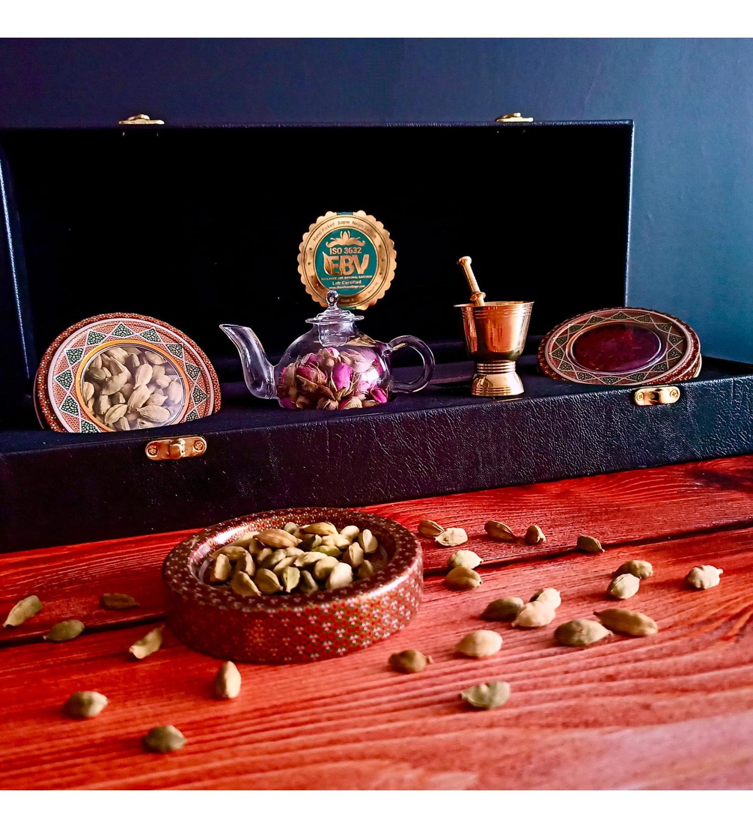 Luxurious Saffron Gift Box for Chefs: 5 Gr Grade A+ Organic Super Negin Coupe Saffron Threads Green Cardamom Rose Bud Tea Dried Saffron Teapot Small Brass Mortar and Pestle (Black Leather Box) - Buy Online on SooperMarket.com
