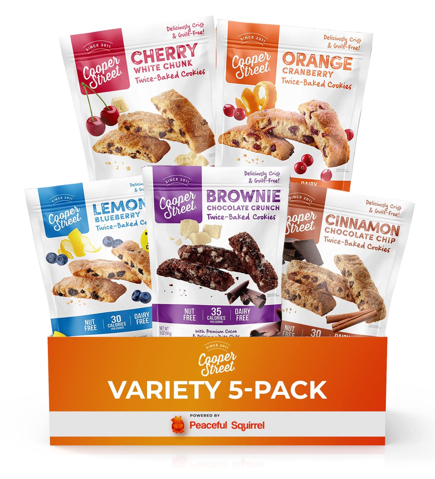 Peaceful Squirrel Variety Cooper Street 5-Pack - All Natural Nut, Dairy, and Soy Free Twice Baked Cookies - Low Sugar and Calorie - 5 Flavors - 5 Bags, 5 Ounce - Buy Online on SooperMarket.com
