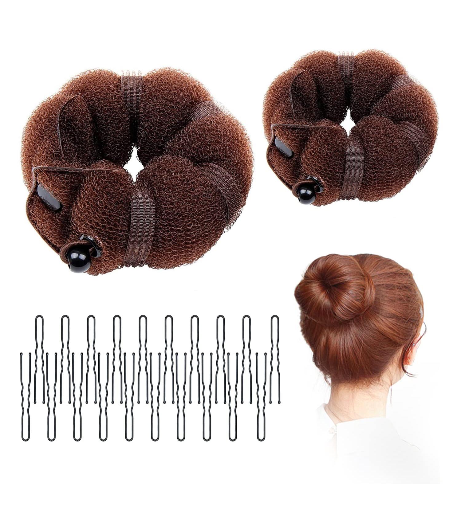 2 Pcs Bun Makers for Hair Brown Sponge Donut Ring Styler Bun Makers Easy Bun Makers Tool with Snaps and Hair band DIY Bun Styling 2 Sizes with 20 Pcs U-Clips. - Buy Online on SooperMarket.com