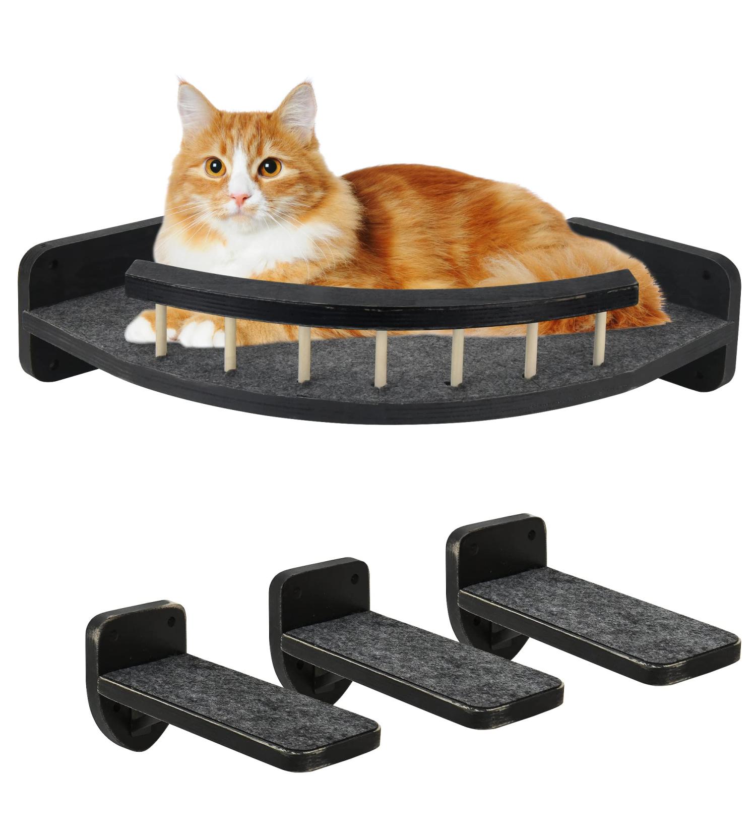 Cat Hammock with 3 Steps - Wall Mounted Cat Climbing Shelf & Scratching Post - Indoor Cat Shelves and Perches - Plush Covered - Black - Buy Online on SooperMarket.com