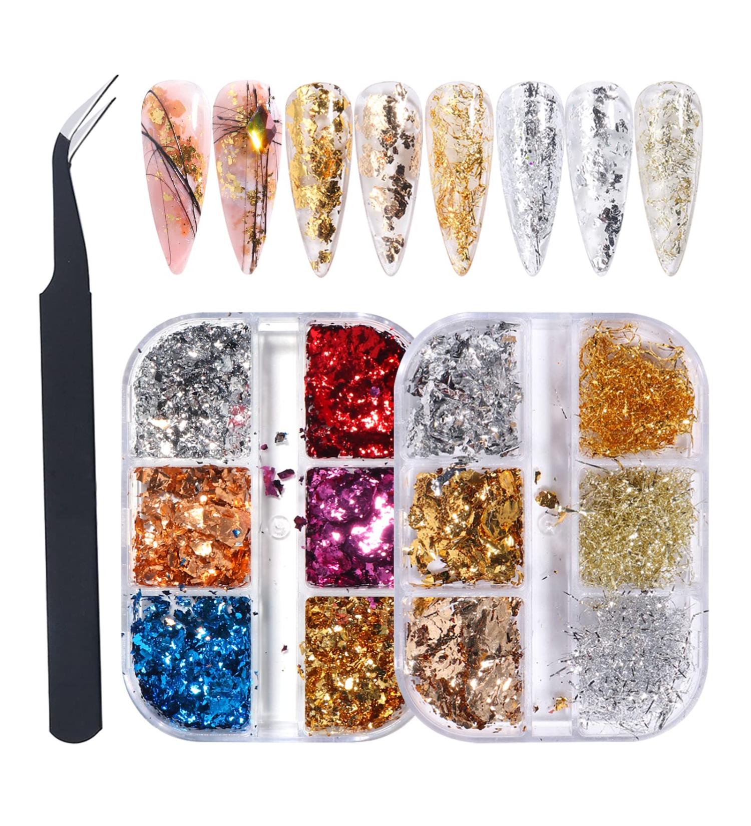 Gzmayuen Leaf Gold Nail Art Glitter Foil Flakes for Nail Decoration | 2 Boxes Golden Aluminum Foil Seedlettes - Buy Online on SooperMarket.com