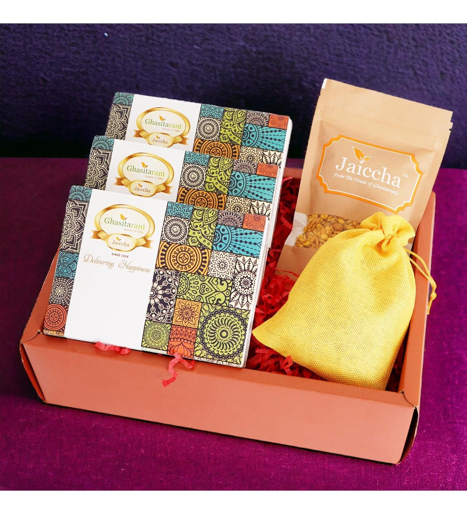 Ghasitaram Gifts Jaiccha Lohri Sweets Gachak hampers Lohri Hamper Box of Til Laddoo Khajoor Gachak Revadi Pouch and namkeen - Buy Online on SooperMarket.com
