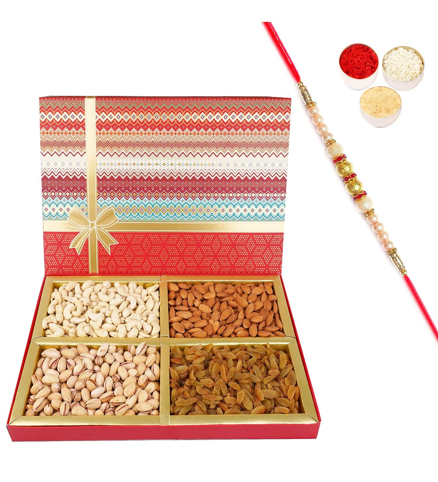 Jaiccha Ghasitaram Rakhi Gifts for Brothers Fruit n Nut Dryfruit Box 1000 GMS with Pearl Rakhi Fruit n Nut Dryfruit Box 1000 GMS with Rakhi - Buy Online on SooperMarket.com