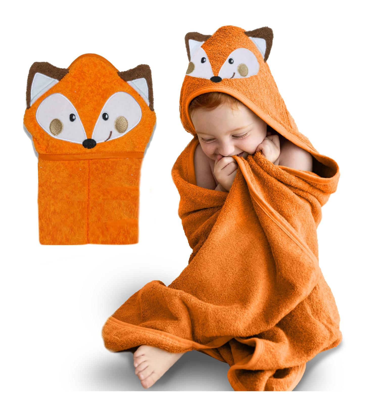 Mother's Choice 100% Cotton Baby Towel with Hood - Ultra Soft & Absorbent (75x75cm) - Large Bath Towel for Newborns & Infants - 3D Fox Hooded Design - Orange Fox - Buy Online on SooperMarket.com