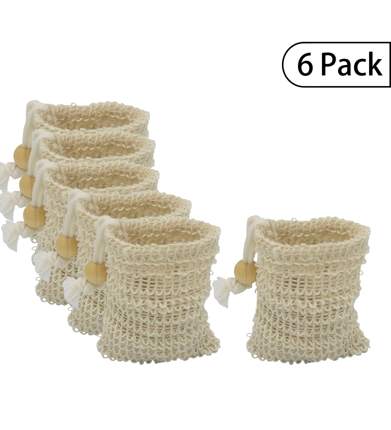 Bleu Bath 6-Pack MINI Sisal Ramie Soap Saver Bag with Drawstring - Natural and Organic Luffa Loofah Scrubber for Exfoliating - Wooden Bead Holder Included - Buy Online on SooperMarket.com