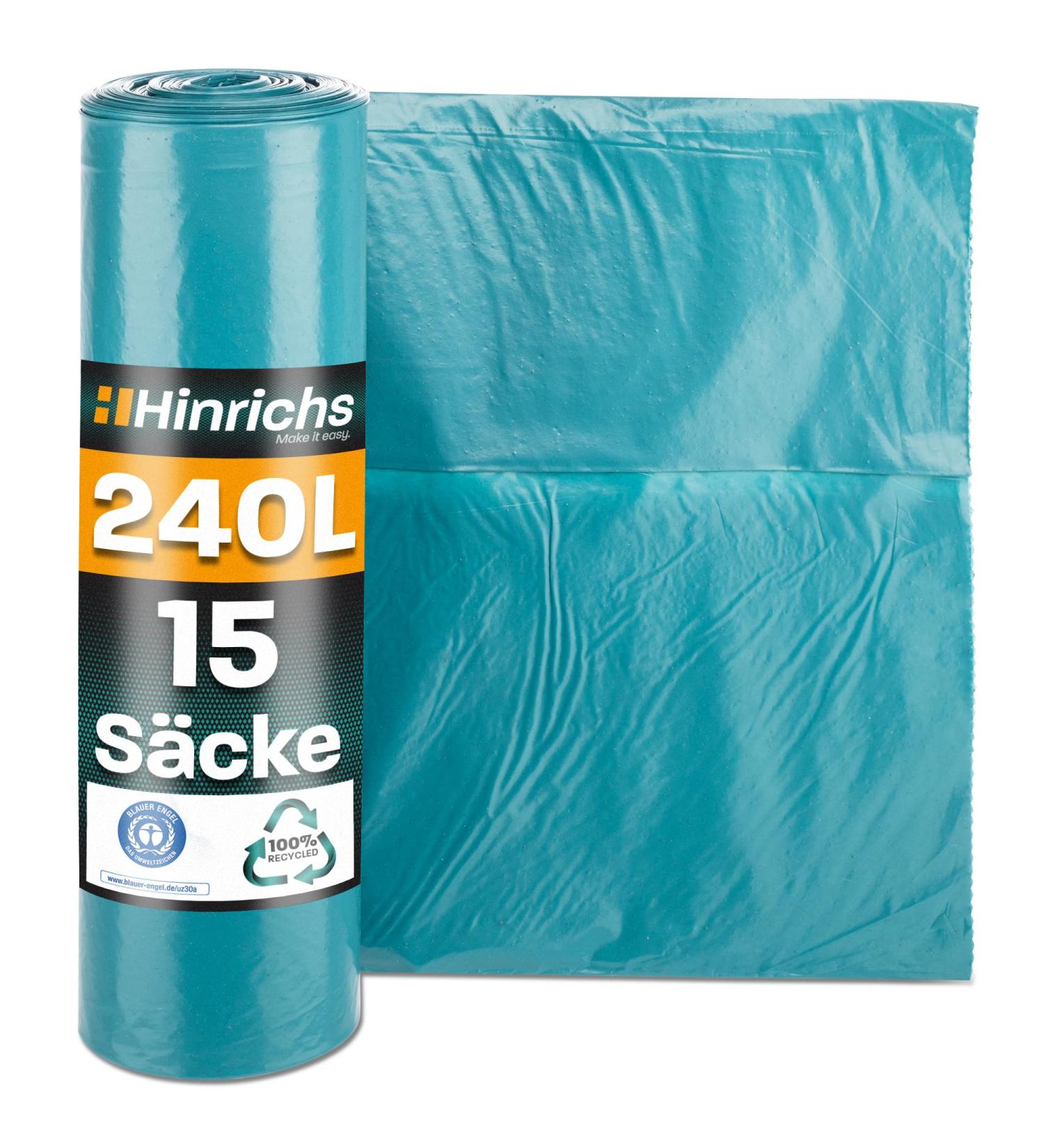 Hinrichs 240L Extra Strong Garbage Bags - 15 Rolls of Tearproof Recycling LDPE Waste Bags for Garden Household & Construction - 100x125 cm Blue Sacks - Buy Online on SooperMarket.com