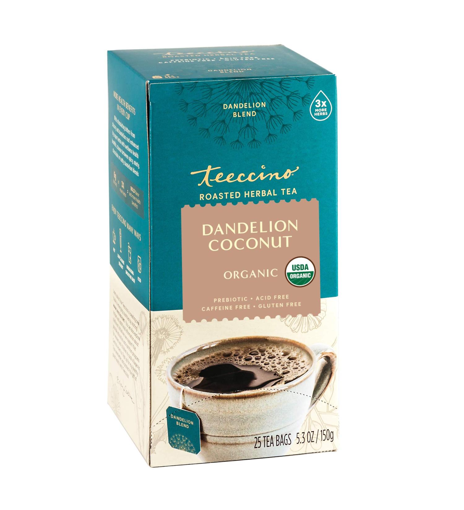 Teeccino Dandelion Coconut Herbal Tea | Caffeine-Free & Prebiotic | Detoxifying Dandelion Root | 25 Tea Bags | 25 Count Pack - Buy Online on SooperMarket.com