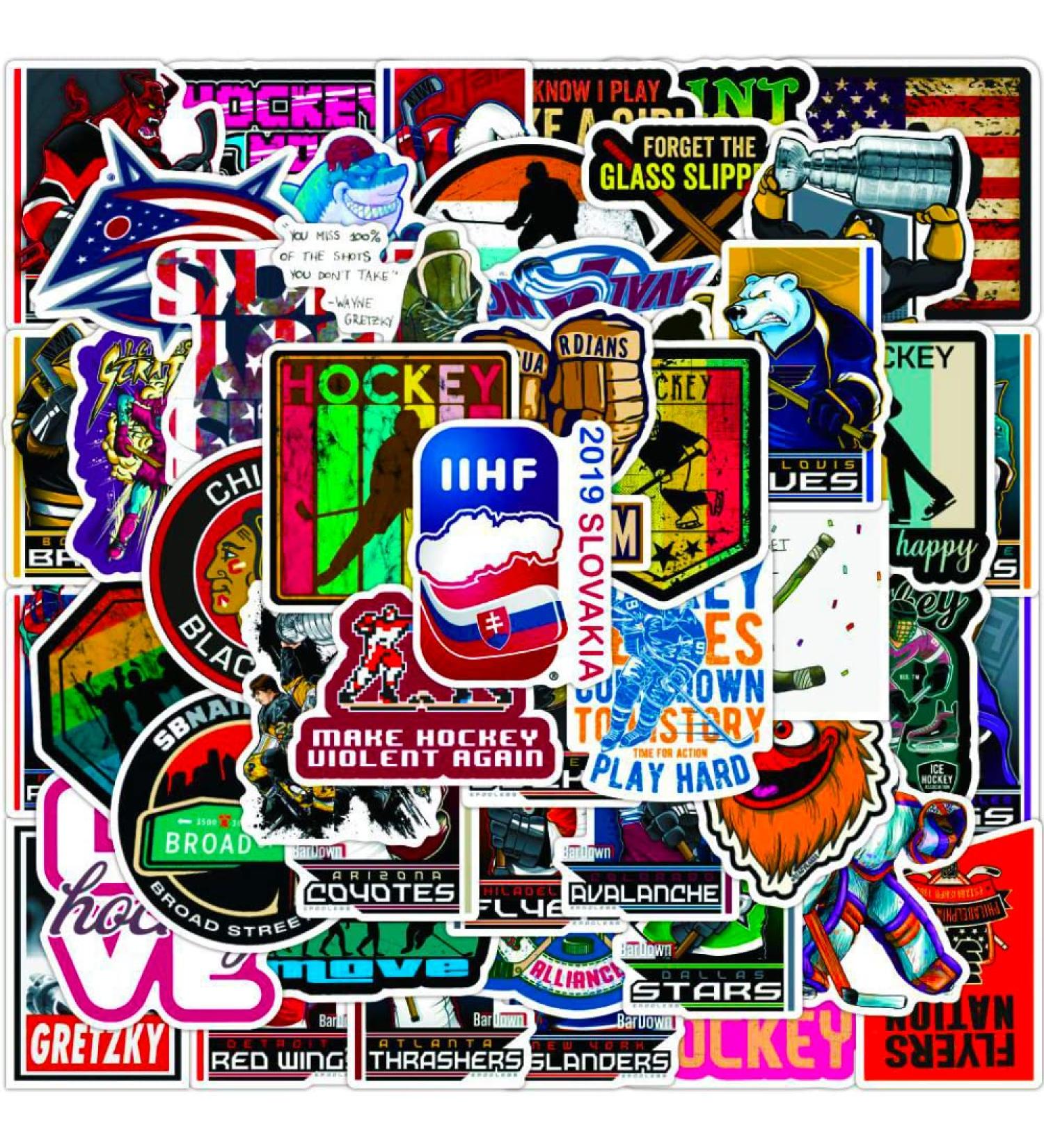 Hockey Stickers for Kids & Adults (100 pcs) | Waterproof Sports Vinyl Sticker Set for Laptop, Scrapbook | Re-Stickable Helmet, Luggage, Water Bottle Stickers by GlibertVillageGoods - Buy Online on SooperMarket.com