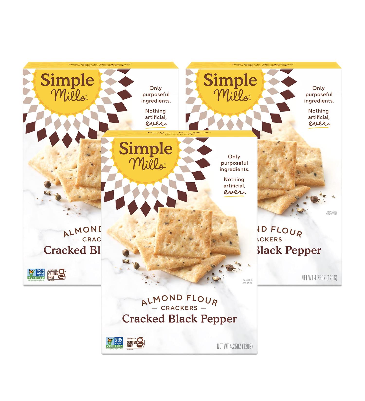 Simple Mills Almond Flour Crackers Black Cracked Pepper - Gluten Free Vegan Healthy Snacks - 4.25oz (Pack of 3) - Buy Online on SooperMarket.com