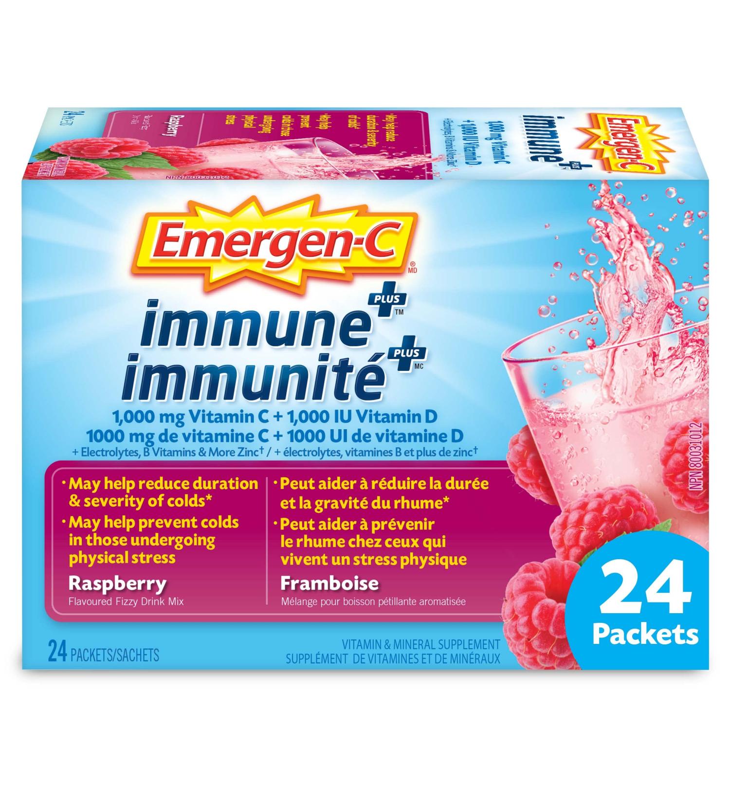 Emergen-C Immune+ 1000mg Vitamin C Powder Supplement Drink Mix Immune System Booster Rasberry 24 Packets Raspberry 24 Count (Pack of 1) - Buy Online on SooperMarket.com