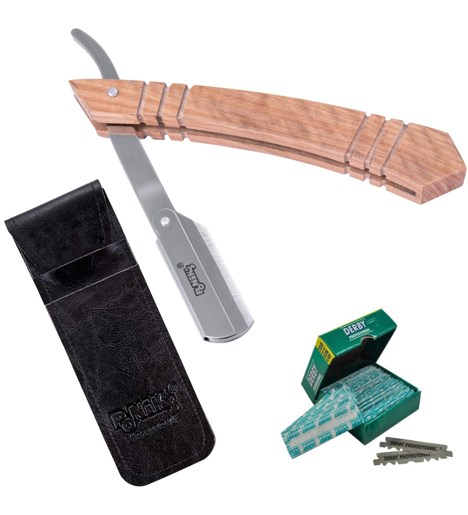 Ponik's Classic Razor Set for Men - High-Quality Stainless Steel Barber Kit with 100 Derby Blades & Travel Bag - Precision Beard Shaving in Brown - Buy Online on SooperMarket.com