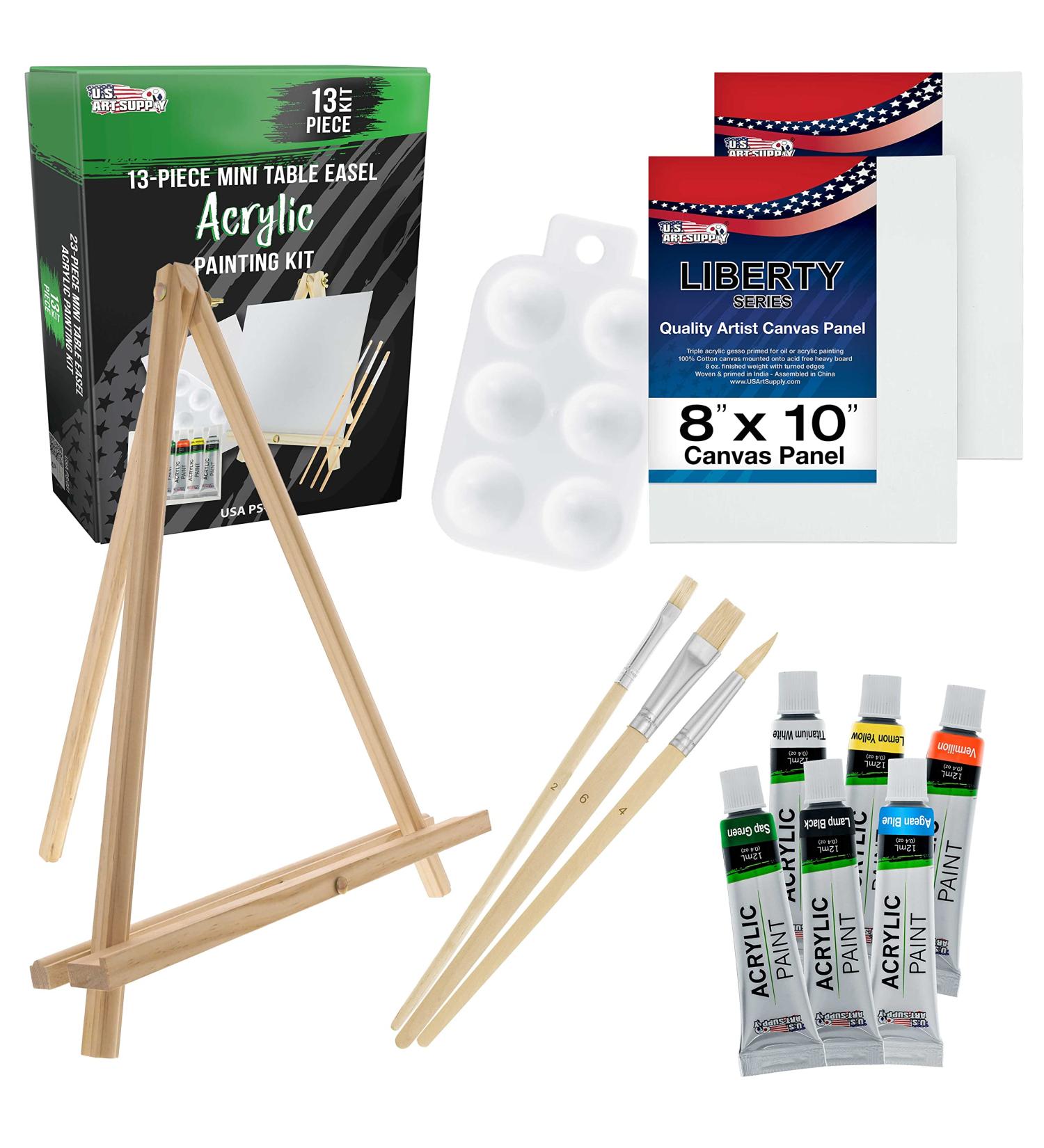 U.S. Art Supply 13-Piece Artist Painting Set: 6 Vivid Acrylic Paint Colors, Easel, Canvas Panels, Brushes & Palette - Ideal for Children, Kids, Students, Beginners - Buy Online on SooperMarket.com