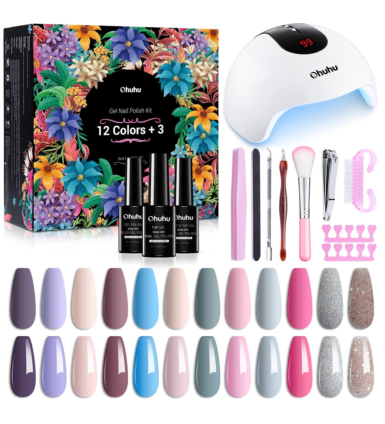 Ohuhu 12 Colors Gel Nail Polish Set with UV Light Kit - Glossy and Matte Top Coat - 36W UV LED Lamp - Soak Off Manicure Gift for Girls - Mothers Day Special - Buy Online on SooperMarket.com