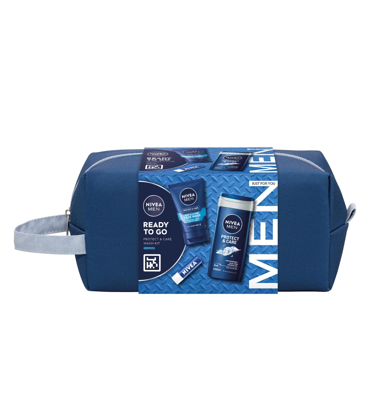 NIVEA MEN Ready to Go Gift Set (4 Products) Men's Grooming Gift Set with Shower Gel Face Wash and Lip Balm Plus Practical Washbag - Buy Online on SooperMarket.com