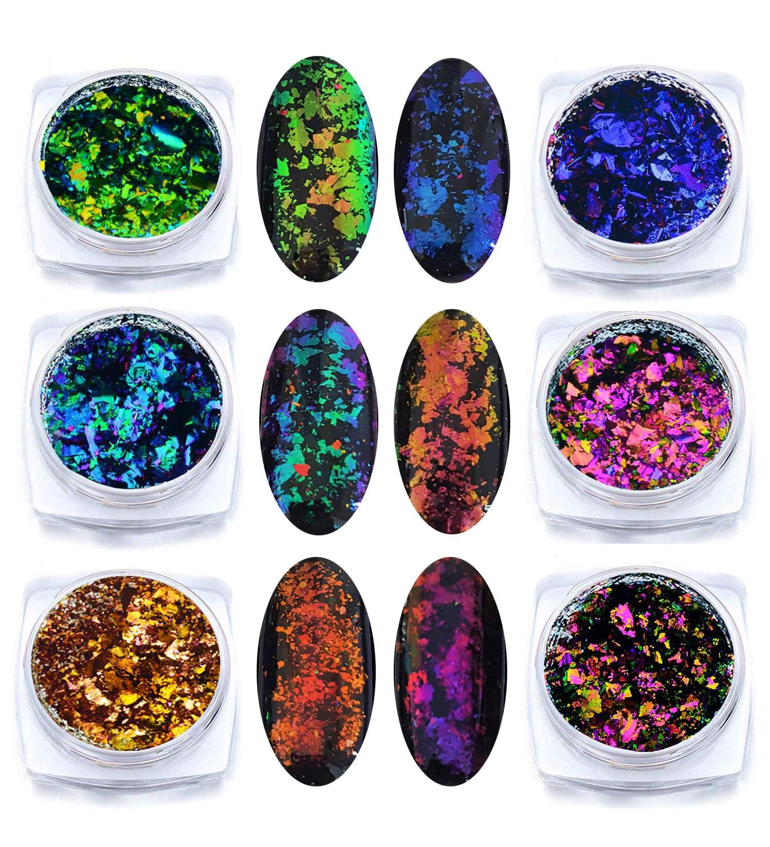 KUKA Dark Chameleon Nail Flakes Set - Iridescent Glitter Chrome Powder for Mirror Mermaid Effect - 6 Jars - Buy Online on SooperMarket.com