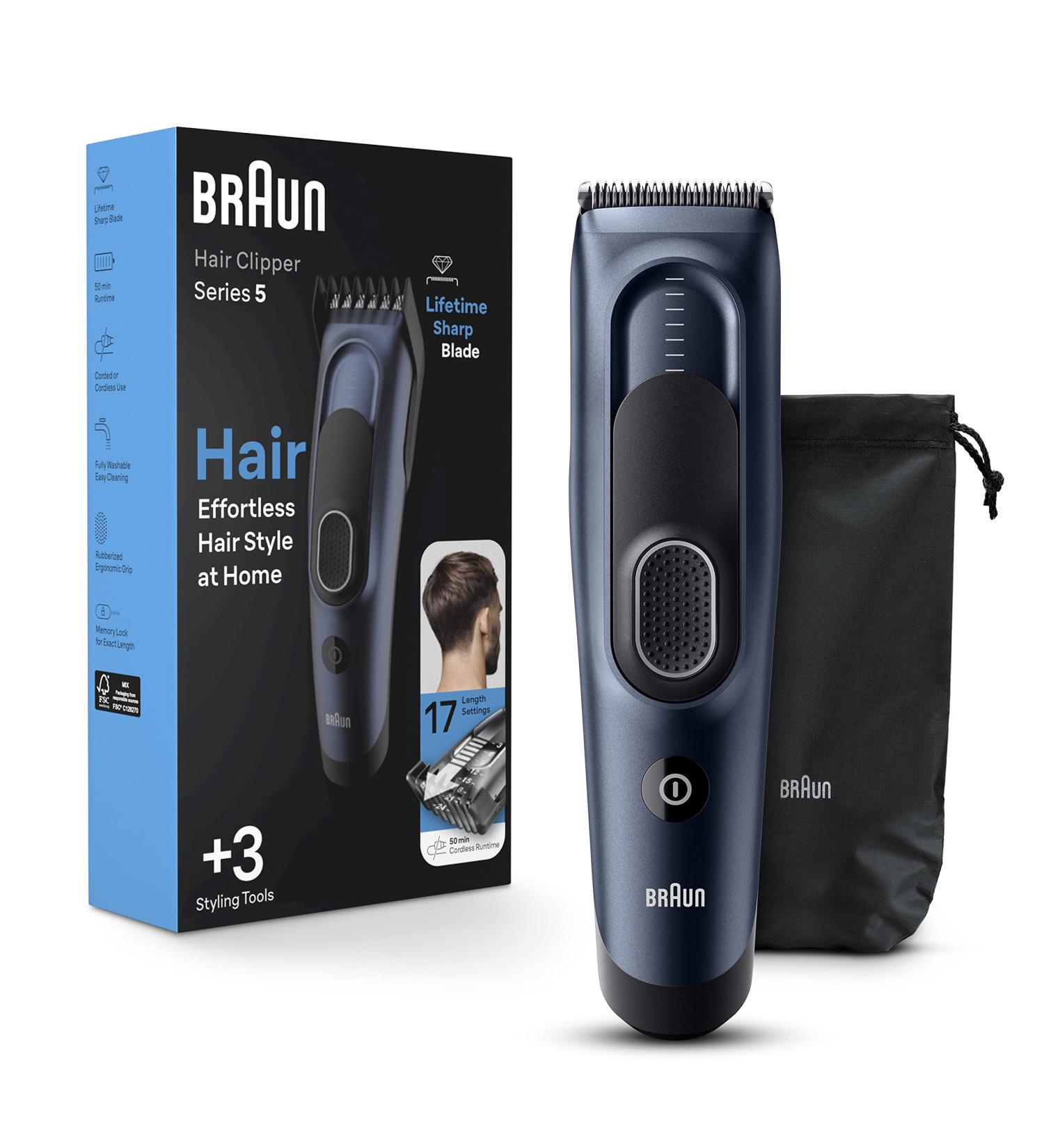 Braun Hair Clippers Series 5 5350 Hair Clippers for Men Hair Clip from Home with 17 Length Settings Incl. Memory SafetyLock Recall Setting Ultra-Sharp Blades 2 Combs Pouch Washable - Buy Online on SooperMarket.com