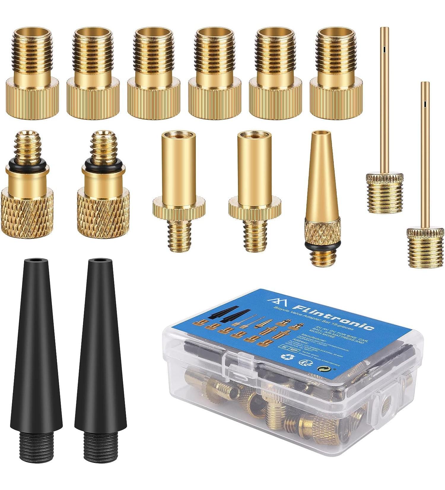 Flintronic Bicycle Valve Adapter Set - 15 Pieces for DV SV AV & Dunlop Flash Valves | Cone Adapters & Ball Needles for Bicycles Air Mattresses & Balls - International Shipping Available - Buy Online on SooperMarket.com