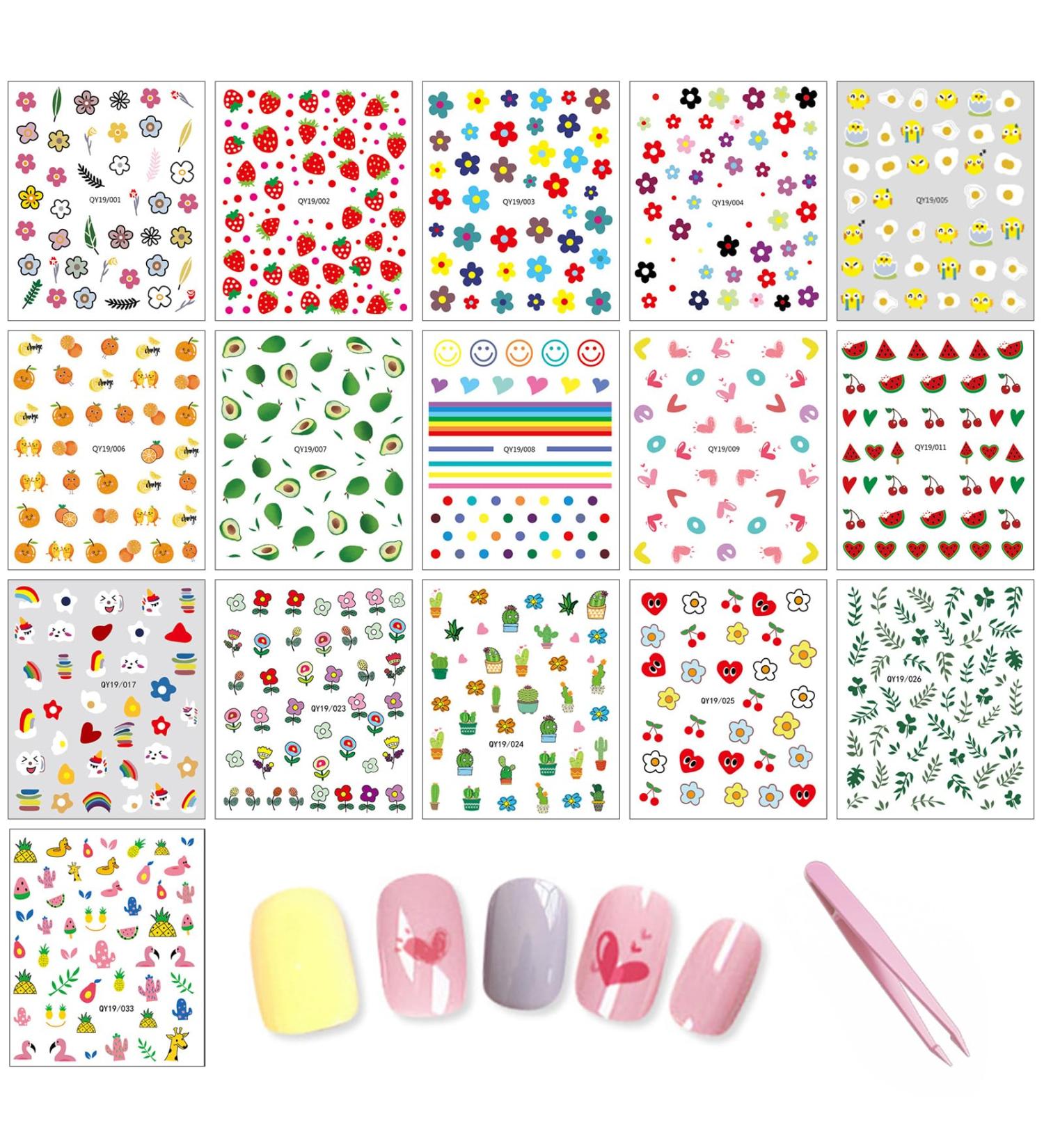 16 Sheets 3D Nail Stickers with Tweezer - Self-Adhesive Floral Nail Decals for Women Kids & Girls | Stylish Manicure Accessories - Buy Online on SooperMarket.com