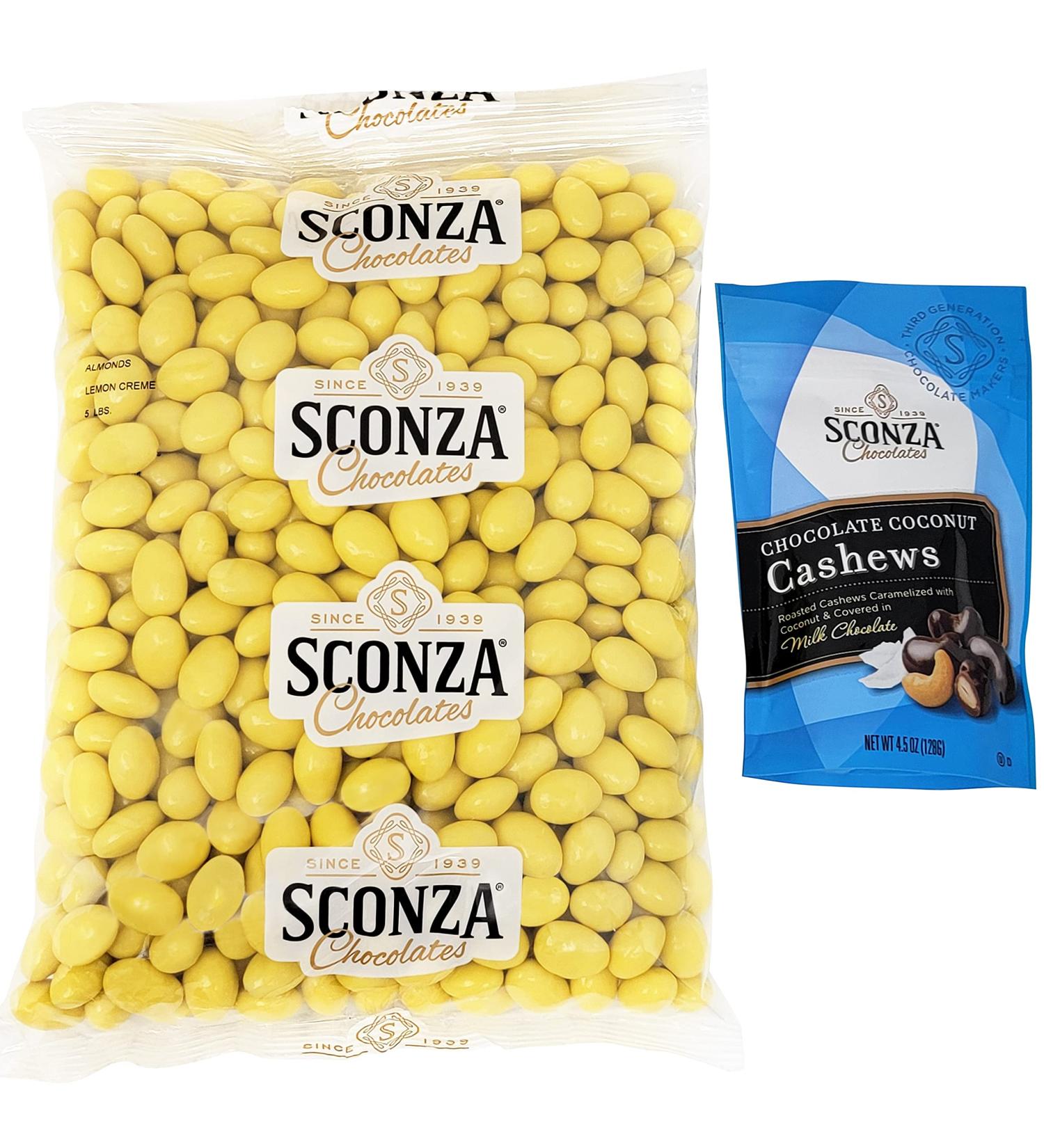 Lemoncello Chocolate Covered Almonds 5 Lb Bulk Bag by Sconza | Roasted Almonds in White Chocolate Lemon Creme | Gift Snack - Milk Chocolate Coconut Cashews - Buy Online on SooperMarket.com