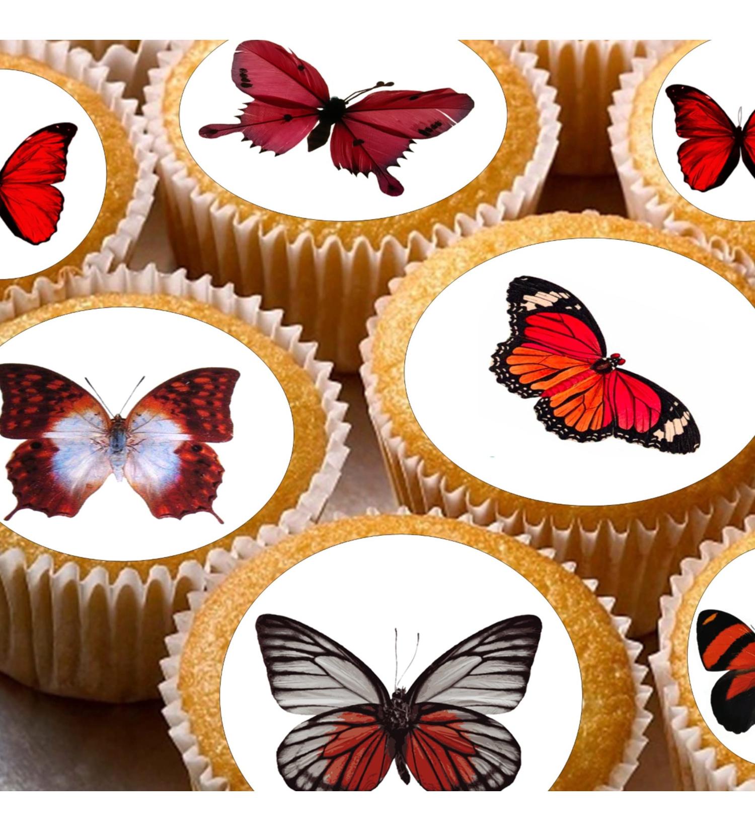 24 edible butterfly butterflie red childrens party decorations Iced/Icing Cupcake Topper Edible Fairy Cake Bun Toppers Round - Buy Online on SooperMarket.com