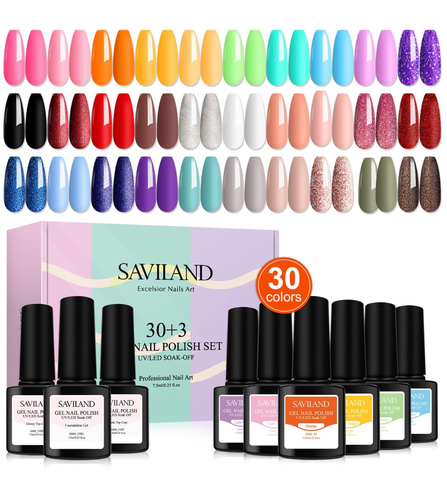 Saviland Gel Nail Polish Kit - 33PCS Soak-off UV LED French Manicure Set with Base, Top Coat - 30 Colors, Beauty Gift for Girls - Buy Online on SooperMarket.com