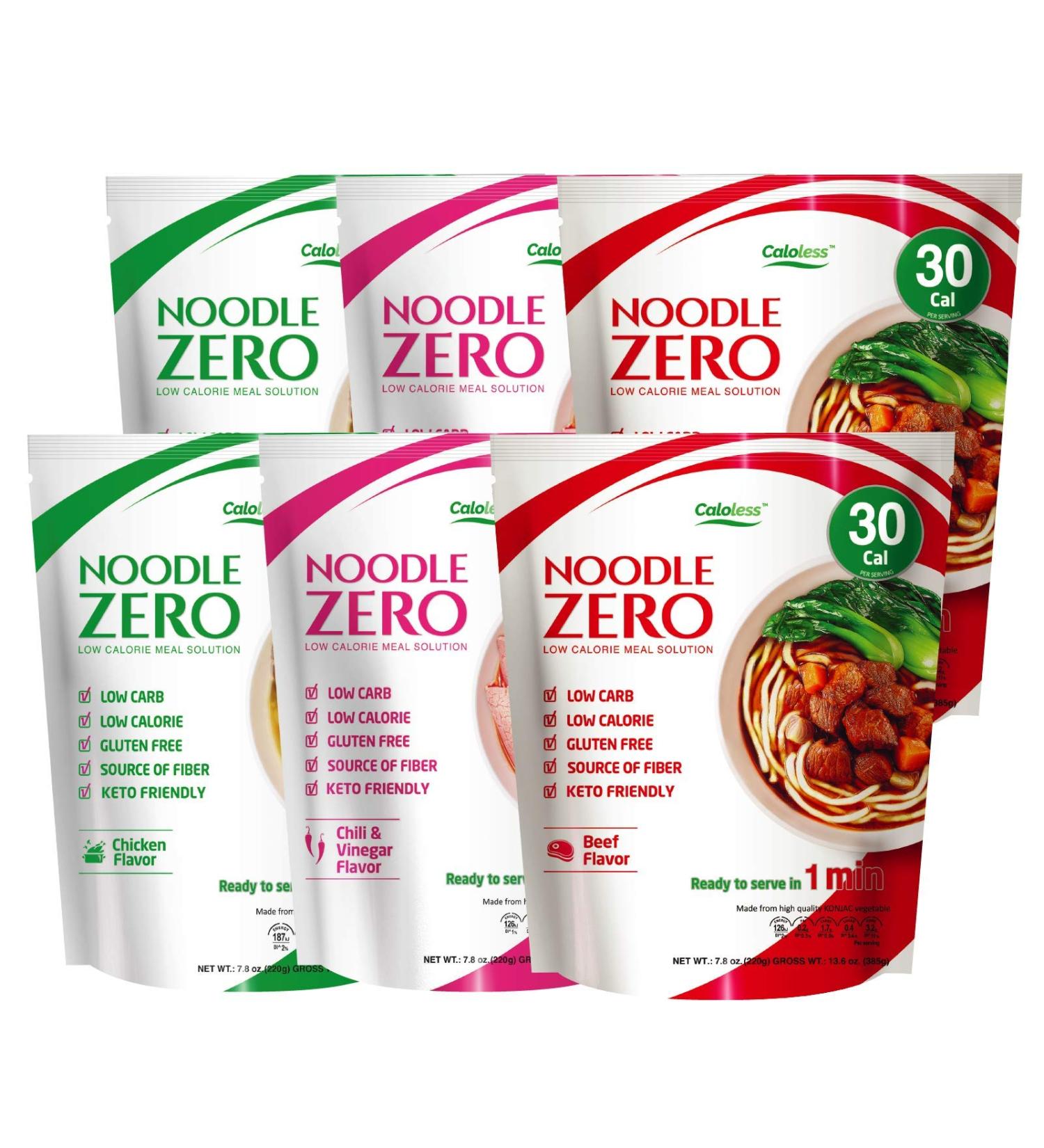 Caloless Konjac Shirataki Noodles 6-Pack - Low Calorie Healthy Food Variety Pack (Chicken/Beef/Chilli & Vinegar) - Gluten Free, Keto Snacks, Non-GMO, Low Carbs, Glucomannan Diabetic Noodle Pasta - Buy Online on SooperMarket.com