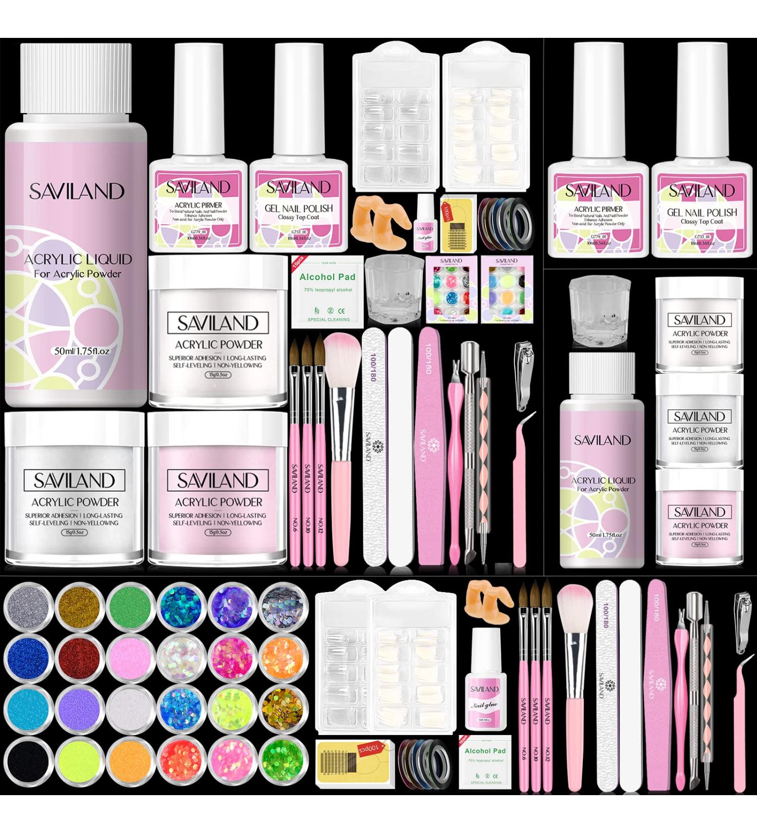 Saviland Acrylic Nail Kit with 3 Colors Powder & Liquid Set - Non-acid PH Bond, Top Gel, False Nails, Glue, and Forms - Complete Starter Kit for DIY Home Nail Art - Buy Online on SooperMarket.com
