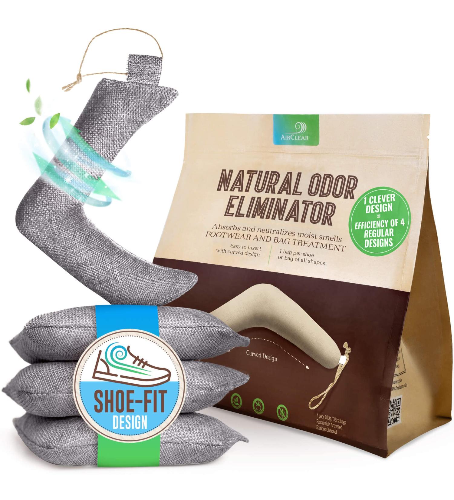 AirClear Bamboo Charcoal Shoe Deodorizer Bags - 4 Pack 3.5oz/100g | Natural Fresh Air Purifier for Shoes, Bags & Clothes | Eliminate Odors & Harmful Particles | Grey Color - Buy Online on SooperMarket.com