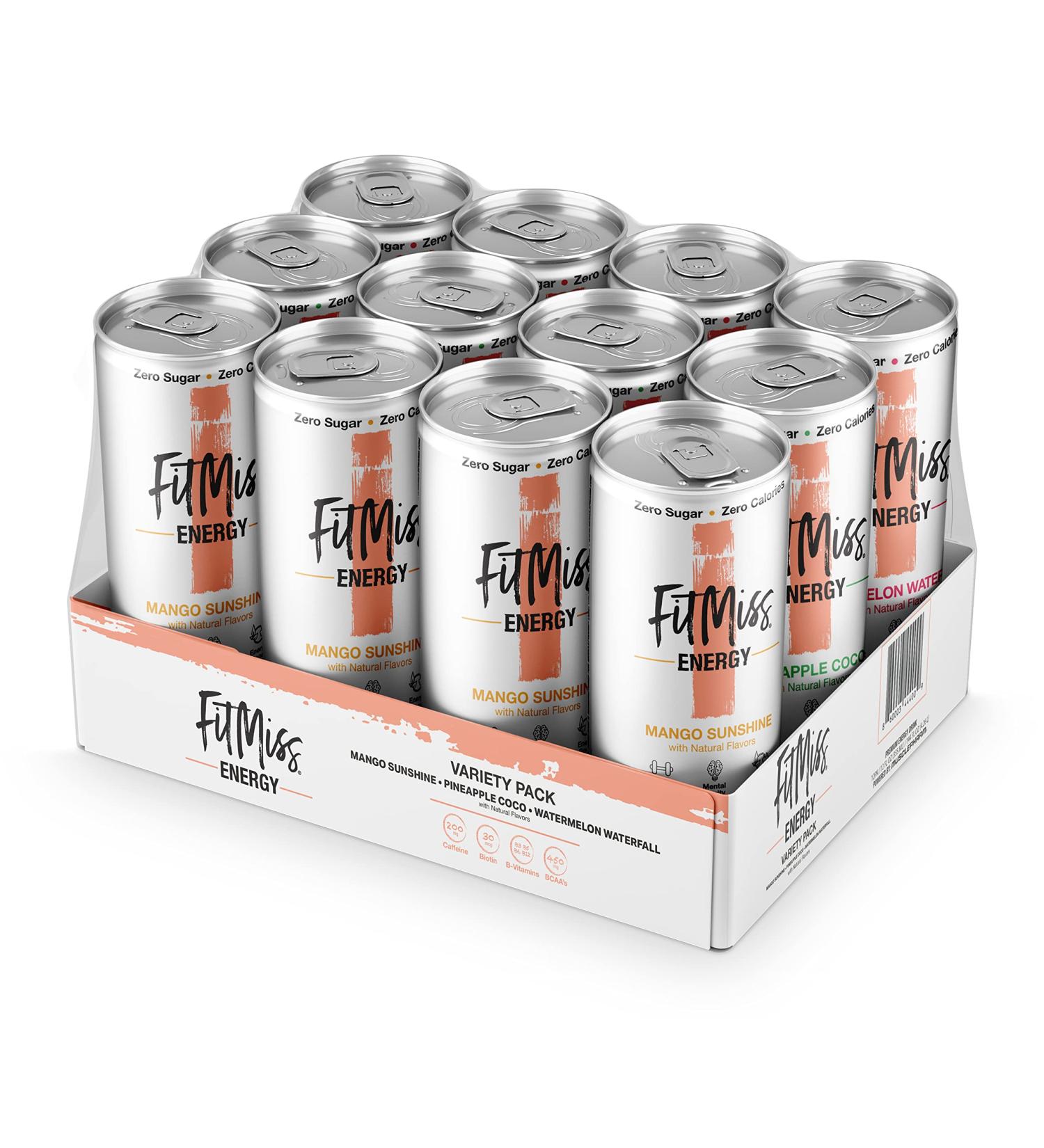 MusclePharm FitMiss Energy Drink 12oz (Pack of 12) Variety Pack - Mango  Pineapple Coconut  Watermelon - Sugar Free Calories Free - Perfectly Carbonated with No Artificial Colors or Dyes Mango  Watermelon  Pineapple Coconut - Buy Online on SooperMarket.com