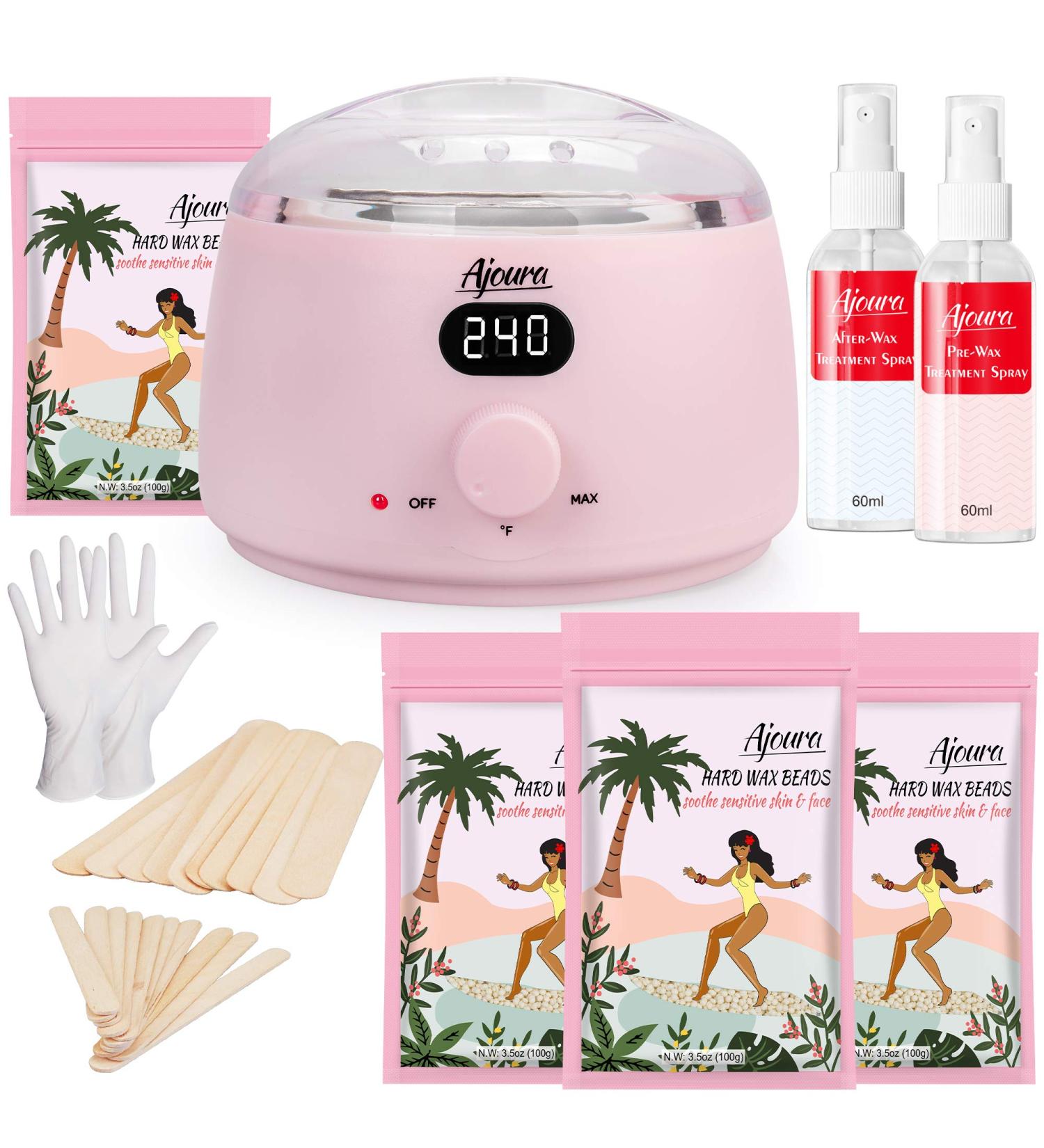 Ajoura Home Waxing Kit with Digital Warmer - 14oz Hard Wax Beads for Brazilian Bikini, Legs, Armpit, Face - Pre & After Wax Spray Included - Buy Online on SooperMarket.com