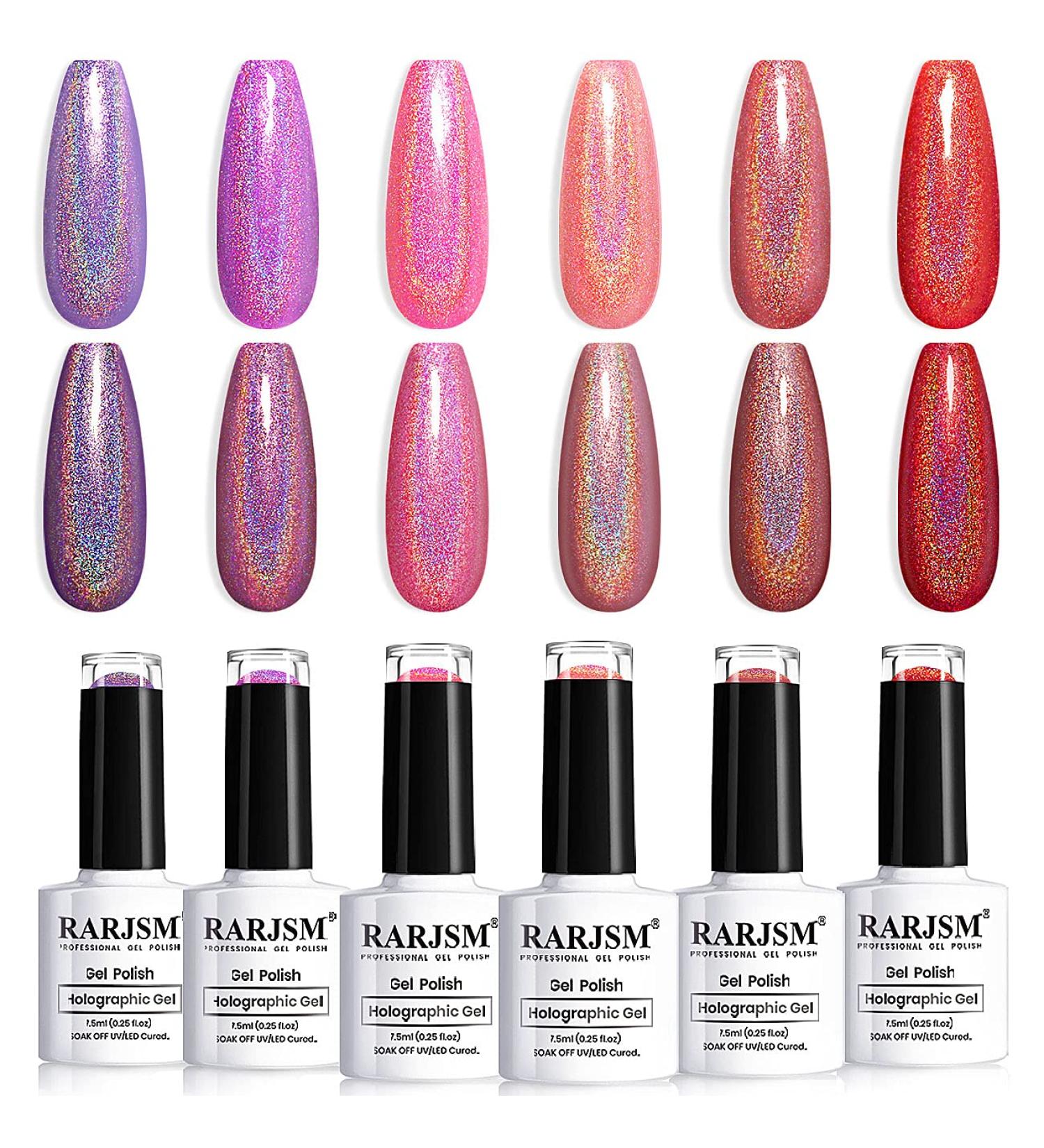 RARJSM Holographic Gel Nail Polish Set - Summer Glitter Colors Kit for Salon & Home Manicure - Rose Gold, Hot Pink, Red, Violet, Purple - 6PCS 7.5ML - Buy Online on SooperMarket.com