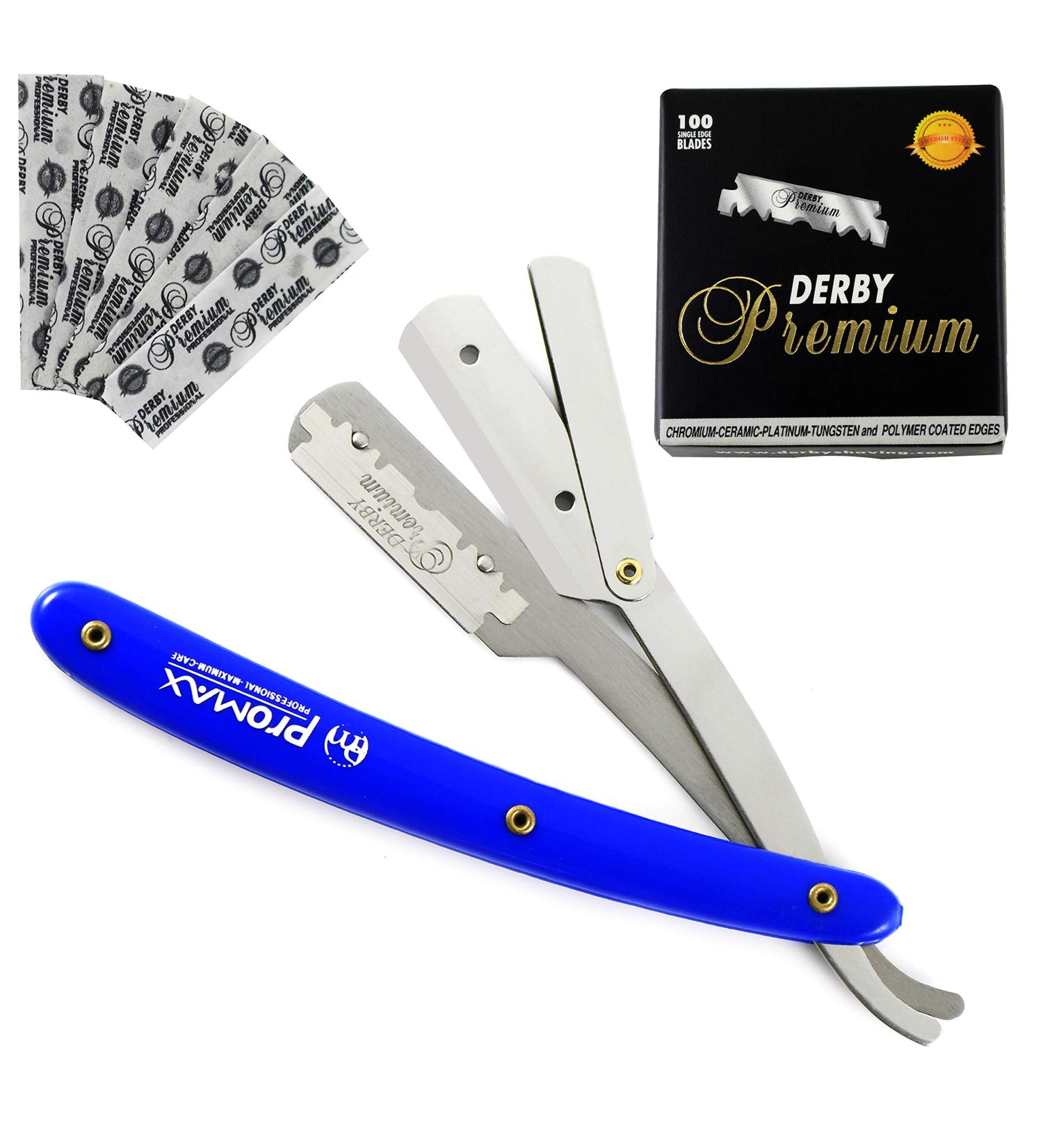 ProMax Care Professional Straight Edge Razor - Stainless Steel Barber Razor with 100 Derby Blades for Close Shaving - Men's Manual Safety Shaver with Blue Handle - Buy Online on SooperMarket.com