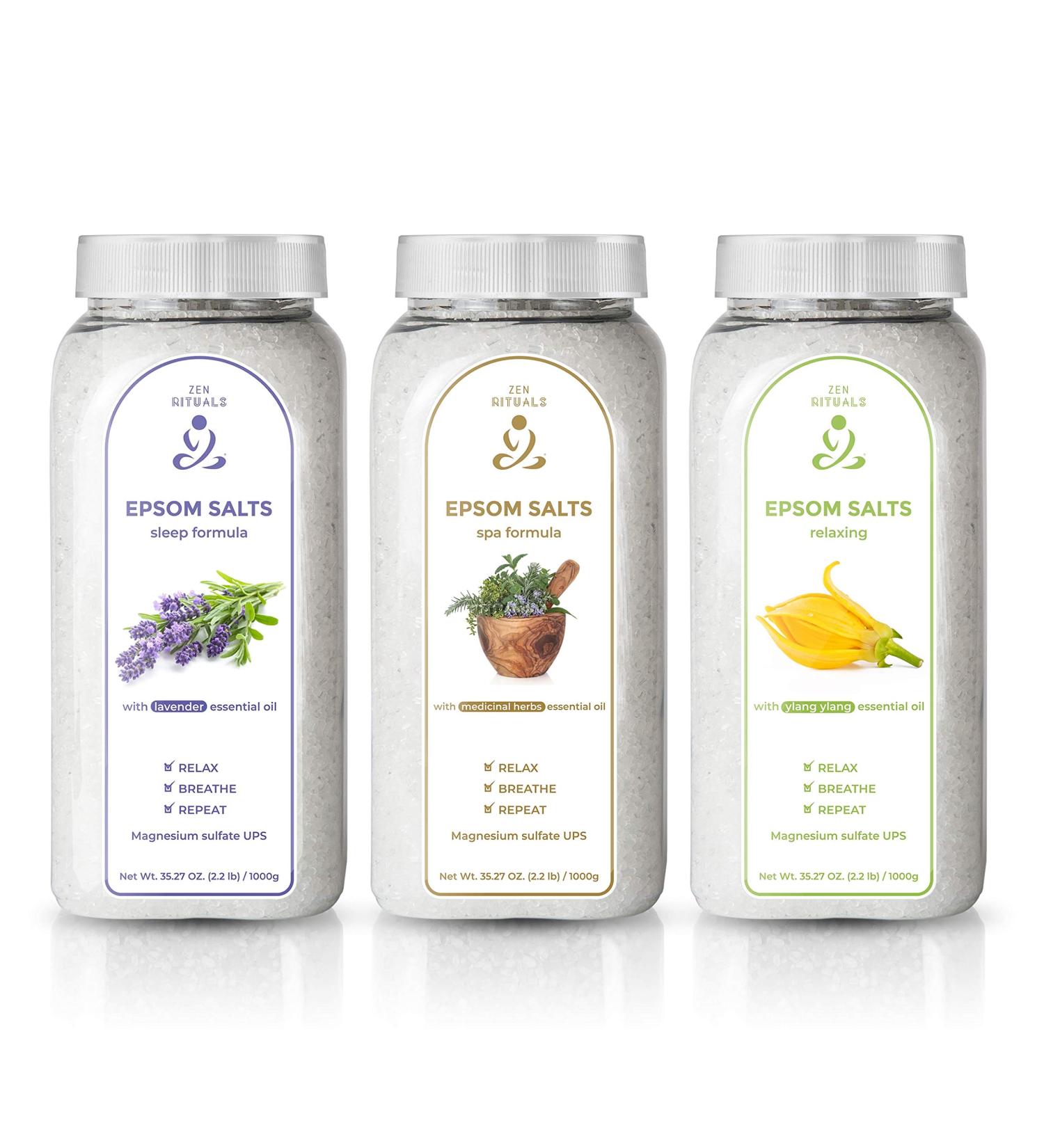 Zen Rituals Bathing Salt Relaxation Set - 3 Bottles of Pure Magnesium & Epsom Salt with Ylang Ylang & Lavender - 3 kg for Ultimate Calm - Buy Online on SooperMarket.com