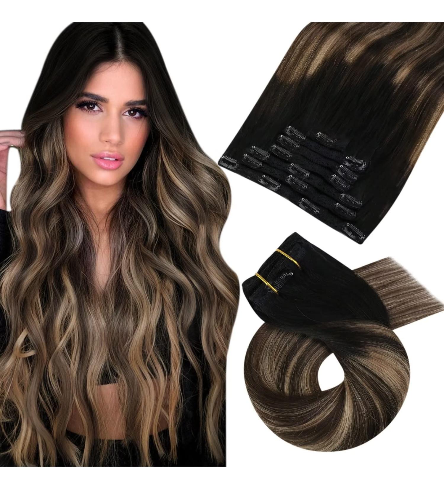 Moresoo Balayage Clip in Hair Extensions - Natural Black to Dark Brown with Golden Blonde - 18 Inch 7 Piece/120g #1B/4/14 - Buy Online on SooperMarket.com