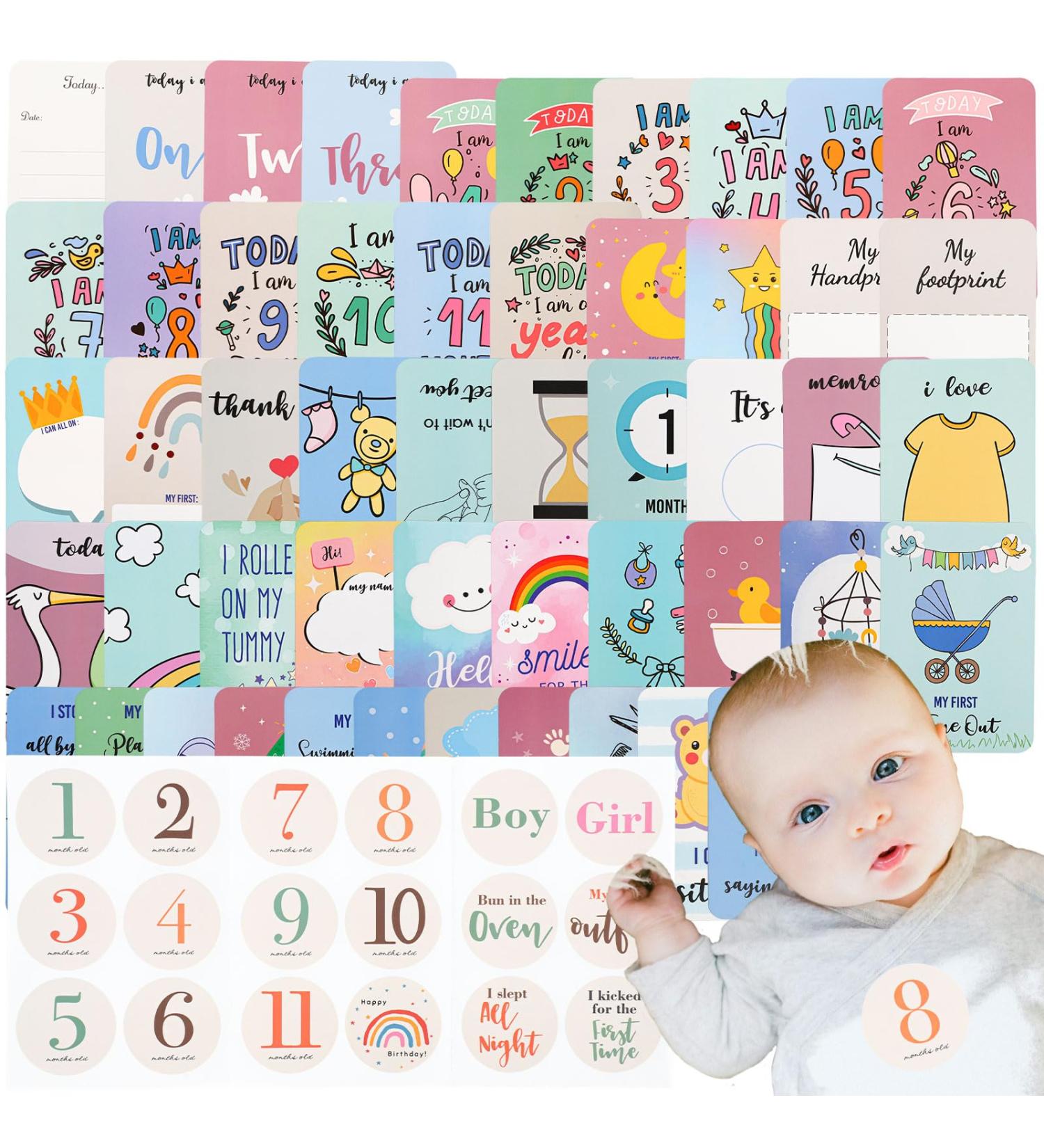 50 PCS Baby Monthly Milestone Cards and 18 Stickers Monthly Baby Milestone Growth Markers Record Card Newborn Welcome Sign Perfect Photography Props to Record Your Babys Growth - Buy Online on SooperMarket.com