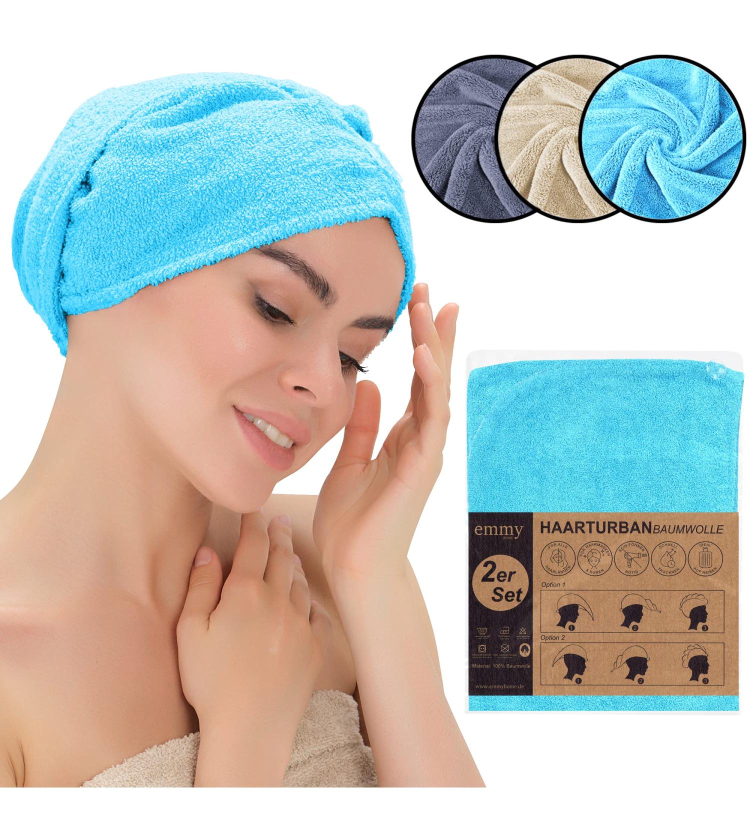 Emmy Home Hair Turban Set - 100% Cotton Quick-Drying Towel for Long Hair - 2 Piece Blue Turban with Button - Buy Online on SooperMarket.com
