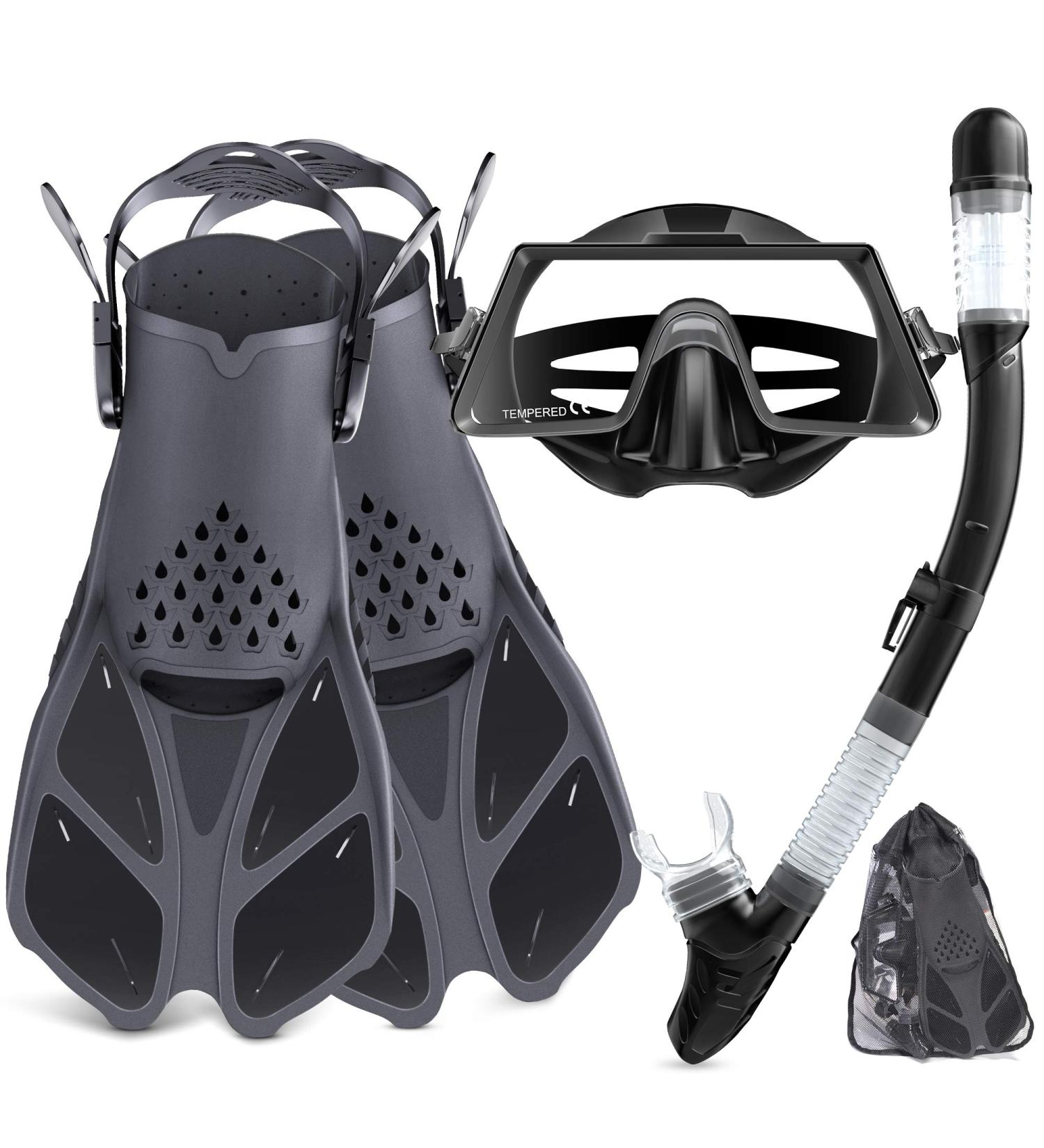 Tongtai Mask Fin Snorkel Set - Panoramic View Diving Gear for Adults & Kids - with Travel Bags - Professional Snorkel for Lap Swimming - Black ML/XL (9-13) - Buy Online on SooperMarket.com