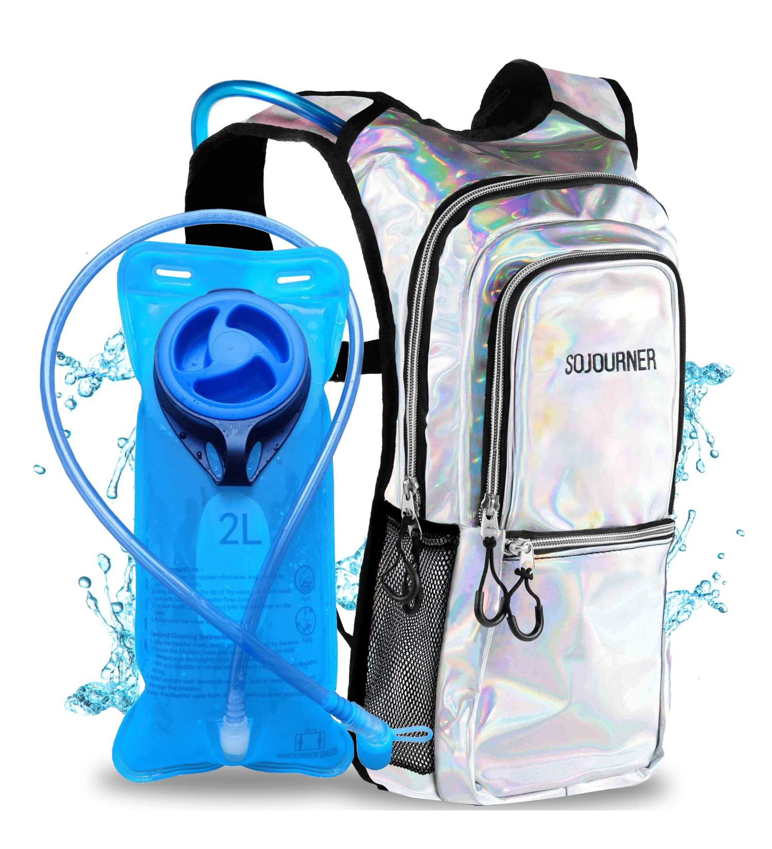 Sojourner Hydration Pack - 2L Hydration Backpack for Festivals, Raves, Hiking, Running - Silver Holographic - Buy Online on SooperMarket.com