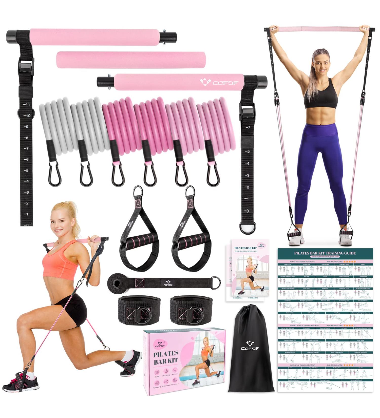 Multifunctional Pilates Bar Kit with Resistance Bands | Portable Home Gym Set for Women | Full Body Workouts | Heavy-Duty Metal Adjustment Buckle | Pink - Buy Online on SooperMarket.com