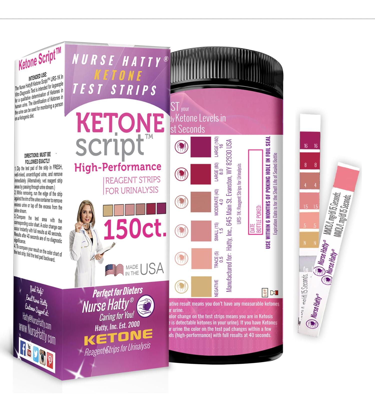 Nurse Hatty - 150 Ketone Test Strips w Built-in Color Chart Free Keto Guide eBook & Free App - Made-in-The-USA - Urine Test for Ketogenic Ketosis Low Carb Atkins & Paleo Diets - Extra Long Strips 150 count (Pack of 1) - Buy Online on SooperMarket.com