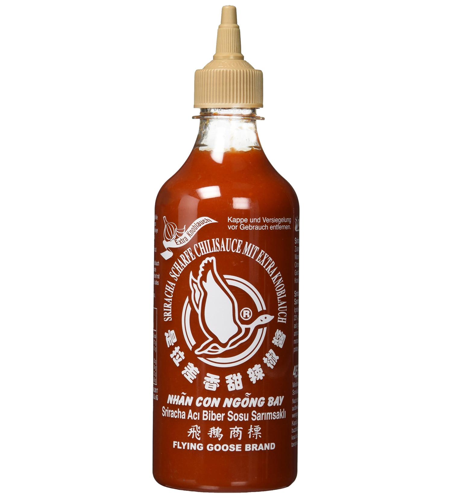 FLYING GOOSE Sriracha Hot Chili Sauce with Extra Garlic - Authentic Thai Brown Cap Seasoning Sauce (455 ml) - Perfect for Spicy Dishes & Marinades - Buy Online on SooperMarket.com