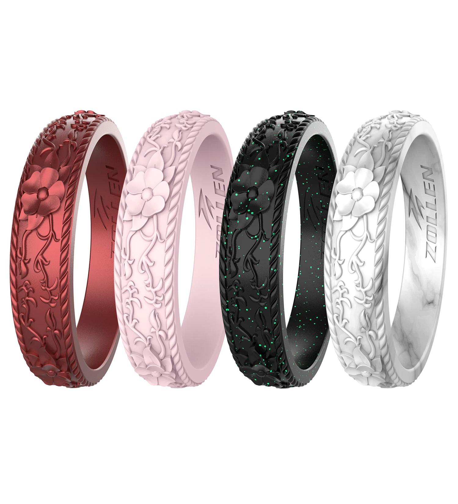Zollen Silicone Wedding Rings for Women - Flower & Vine Collection 7 Pack - Black, Marble, Metallic Bordeaux, Pink - Size 7-7.5 (17.3mm) - Buy Online on SooperMarket.com