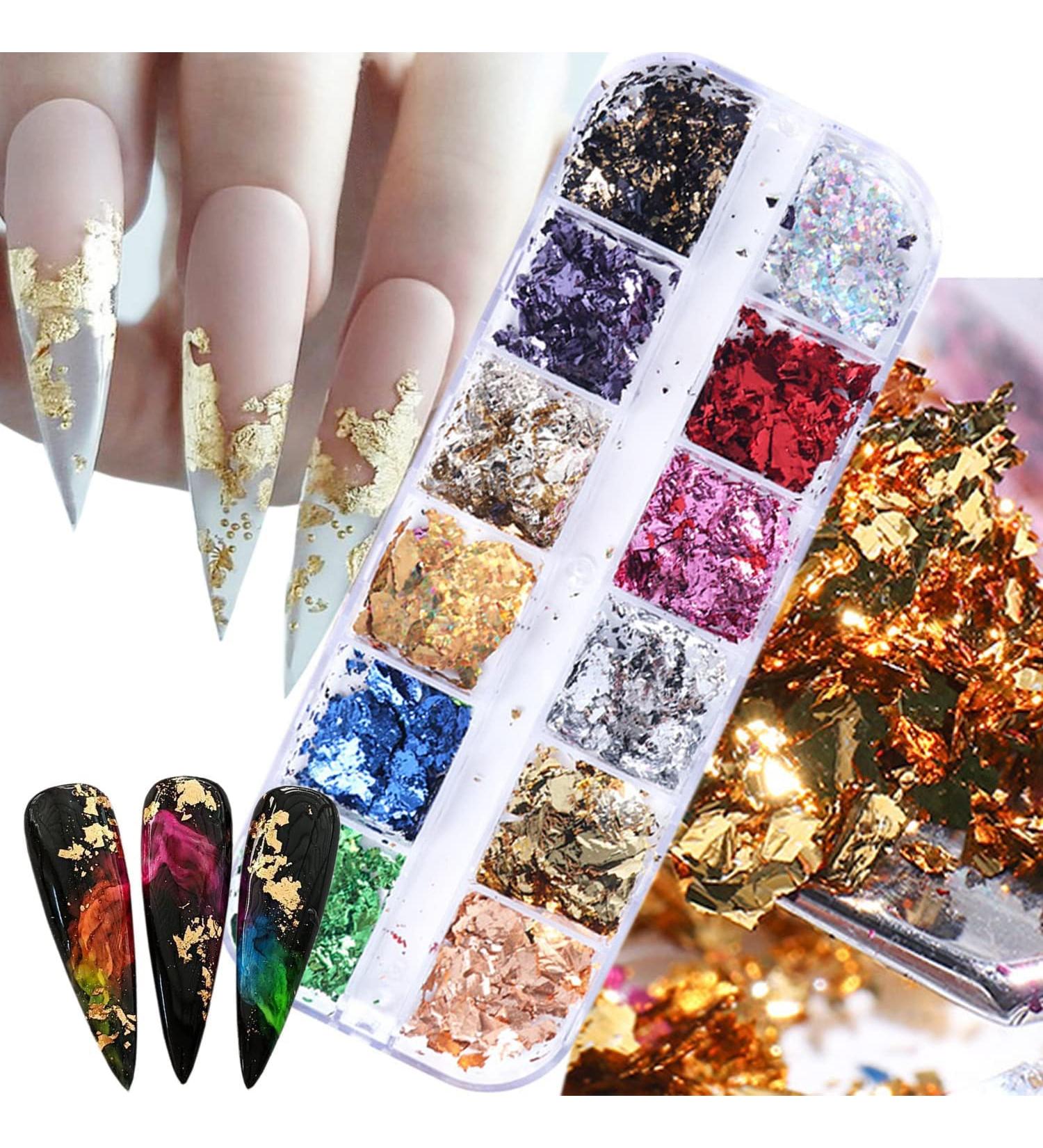 12 Grids Nail Foils Holographic Glitter Sequins - Gold/Silver Mirror Effect Confetti for DIY Manicure - Women/Girls Nail Art Flakes - Buy Online on SooperMarket.com