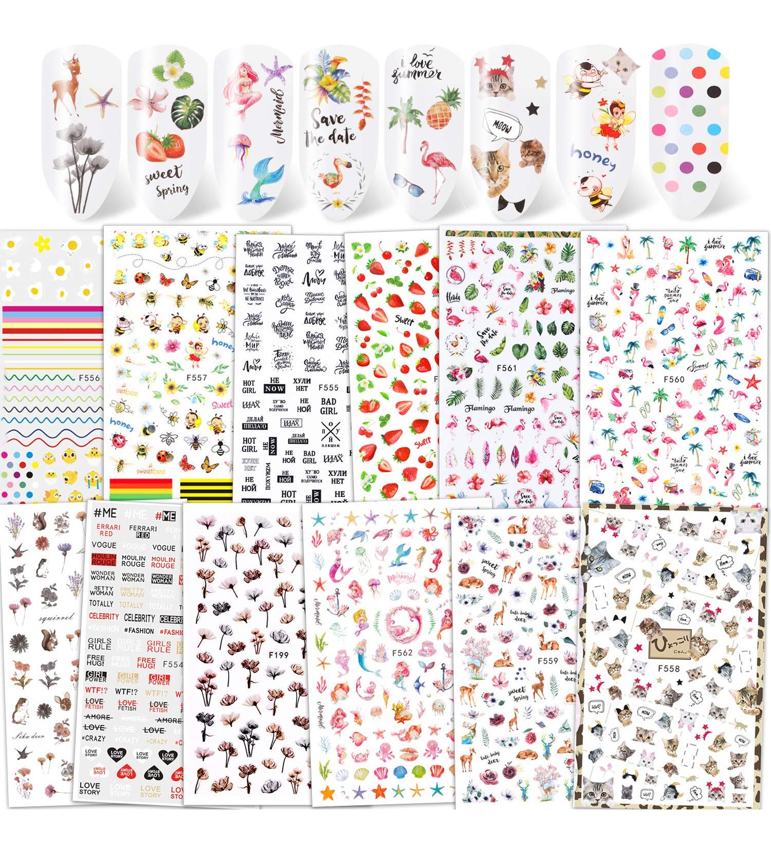 Konsait Mixed Nail Stickers (1200+ Designs) - Flower Animal/Fruit/Mermaid 3D Nail Art Decals for Women, Girls, Kids - Self-Adhesive Tips for Birthday Party Favors - Buy Online on SooperMarket.com