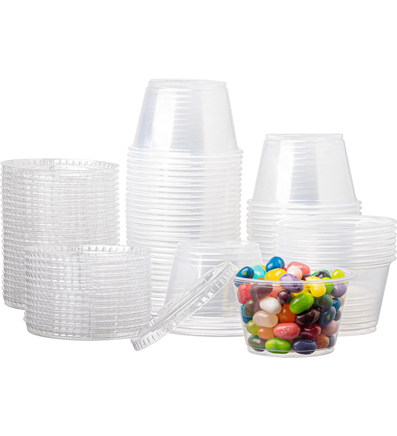100 Clear Jello Shot Cups with Lids - 4 oz Plastic Portion, Condiment, Sauce, Dressing Container for On-the-Go - Buy Online on SooperMarket.com