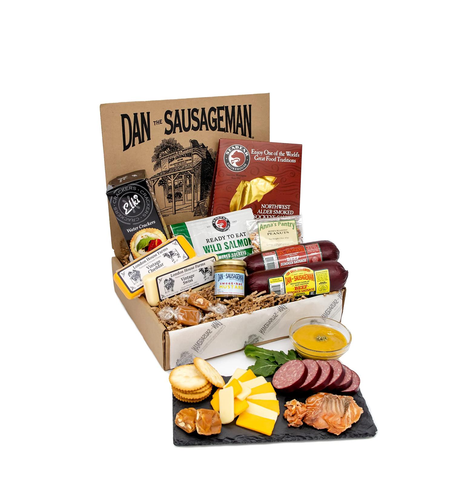 Dan the Sausageman's Pacific Northwest Gourmet Gift Basket Ready to Eat Alder Salmon  Smoked Beef Summer Sausages  Sockeye Salmon  Cheddar and Swiss Cheeses- Great for Hiking  Travel  Road Trips - Buy Online on SooperMarket.com