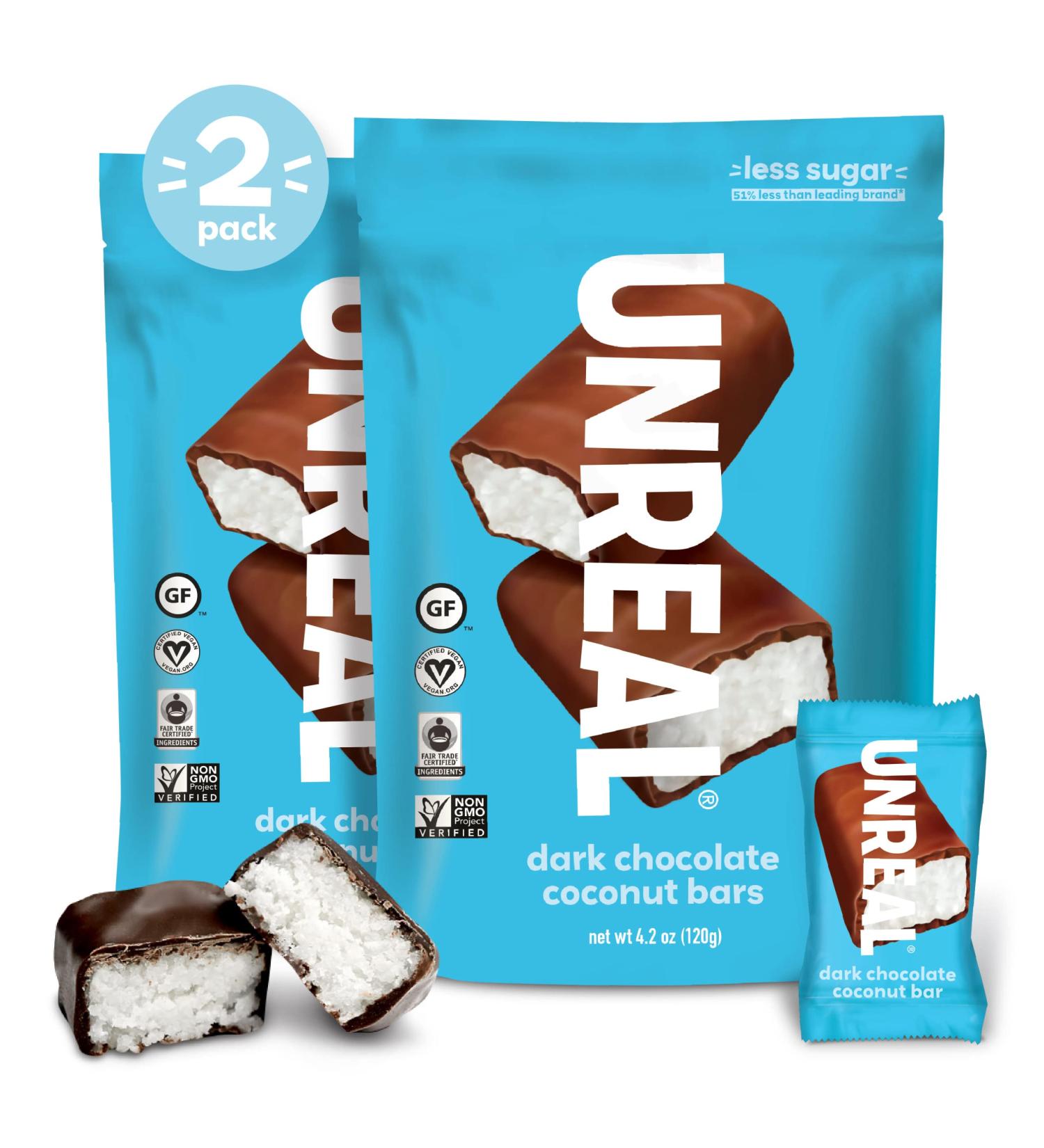 UNREAL Dark Chocolate Coconut Bars - Certified Vegan, Gluten Free, Fair Trade, Non-GMO - 3g Sugar, No Sugar Alcohols or Soy - 2 Bags - Buy Online on SooperMarket.com