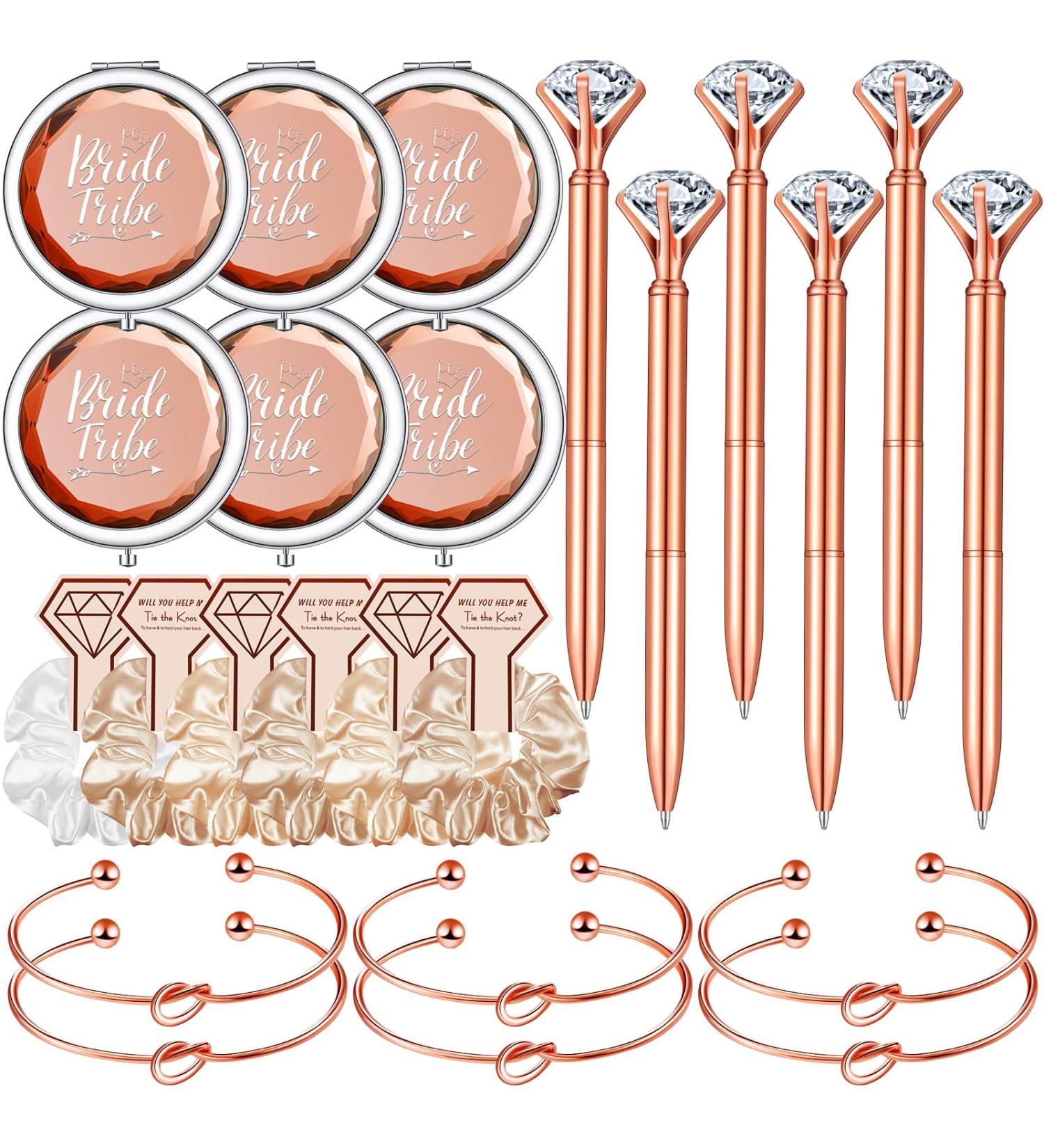 24 Pack Bridesmaid Proposal Gifts: Hair Scrunchies, Makeup Mirror, Love Knot Bracelets, Diamond Pens | Wedding Bridal Party Accessories - Buy Online on SooperMarket.com