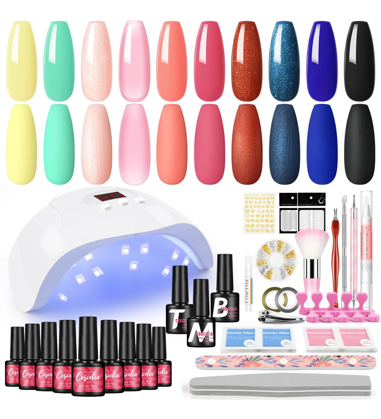 COSCELIA Gel Nail Polish Kit with U V Light Yellow Green Red Black Gel Polish Starter Kit with Glossy & Matte Top Coat Gel Nail Kit with Nail Accessories Gifts for Women - Buy Online on SooperMarket.com